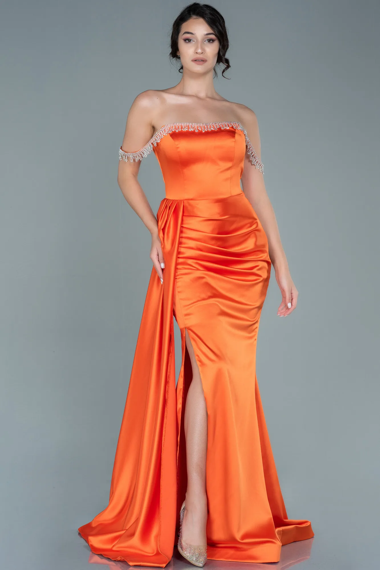 Orange-Long Satin Evening Dress ABU2618