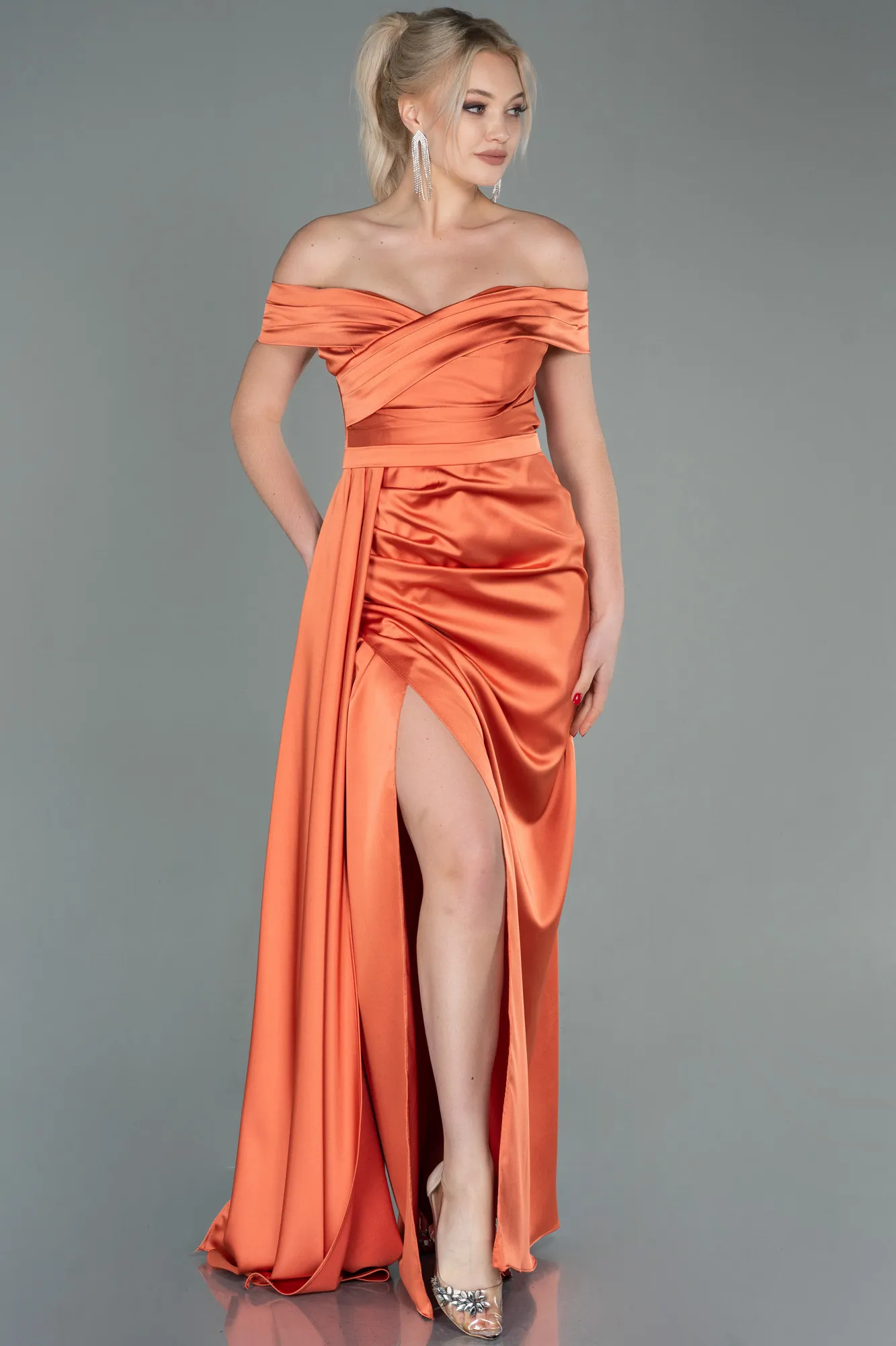 Orange-Long Satin Evening Dress ABU2751