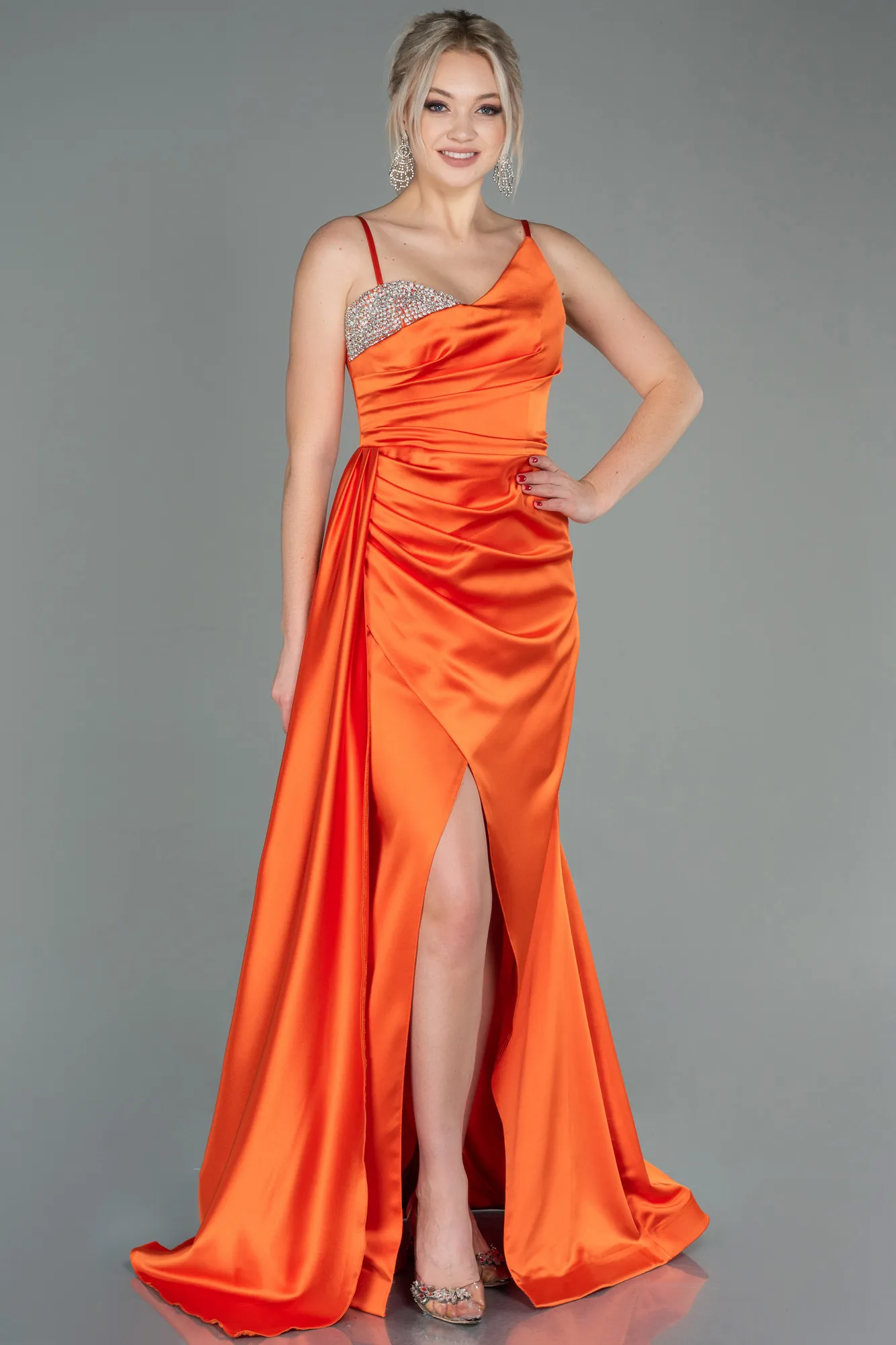 Orange-Long Satin Evening Dress ABU2768