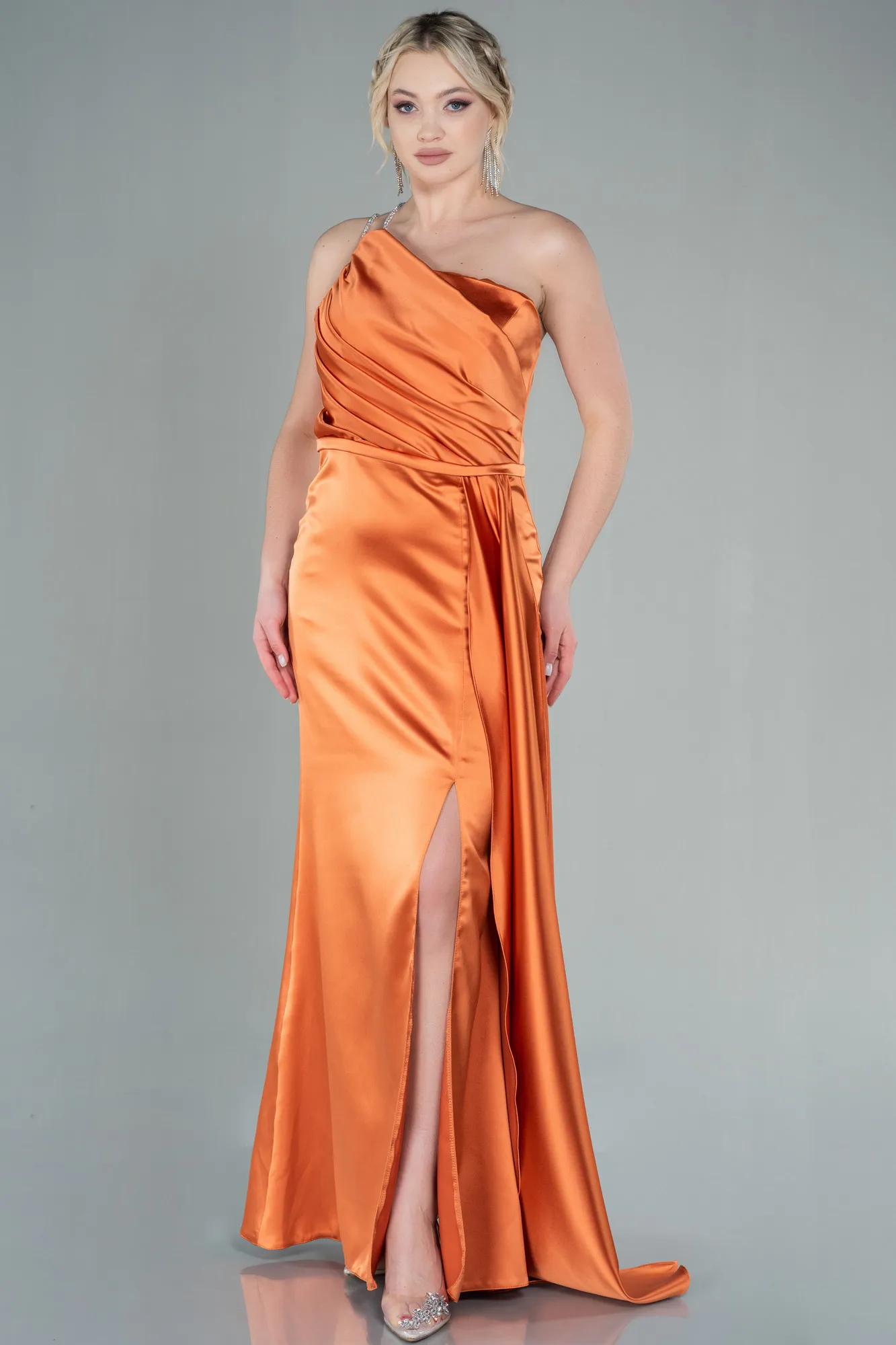 Orange-Long Satin Evening Dress ABU2817