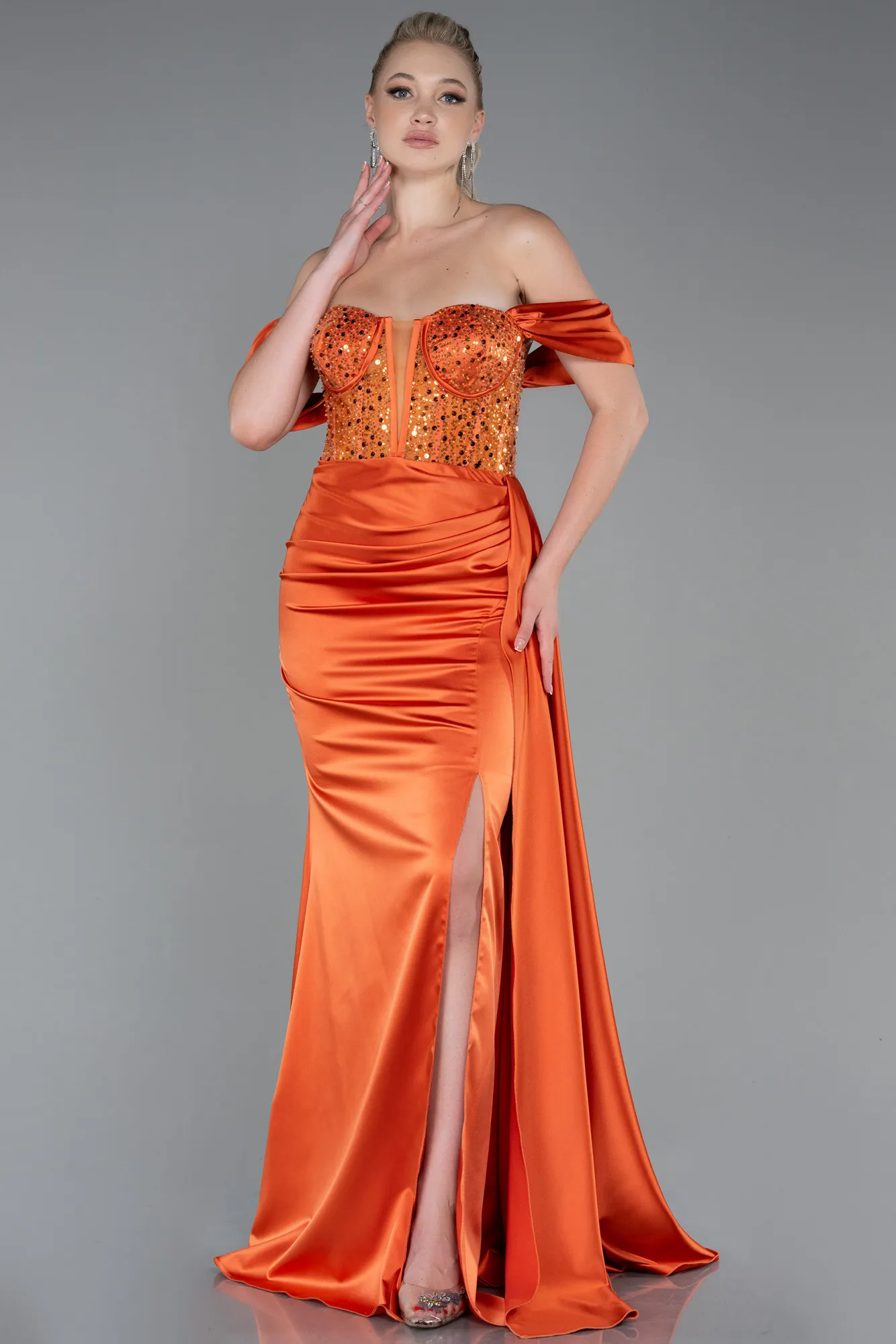 Orange-Long Satin Evening Dress ABU3100