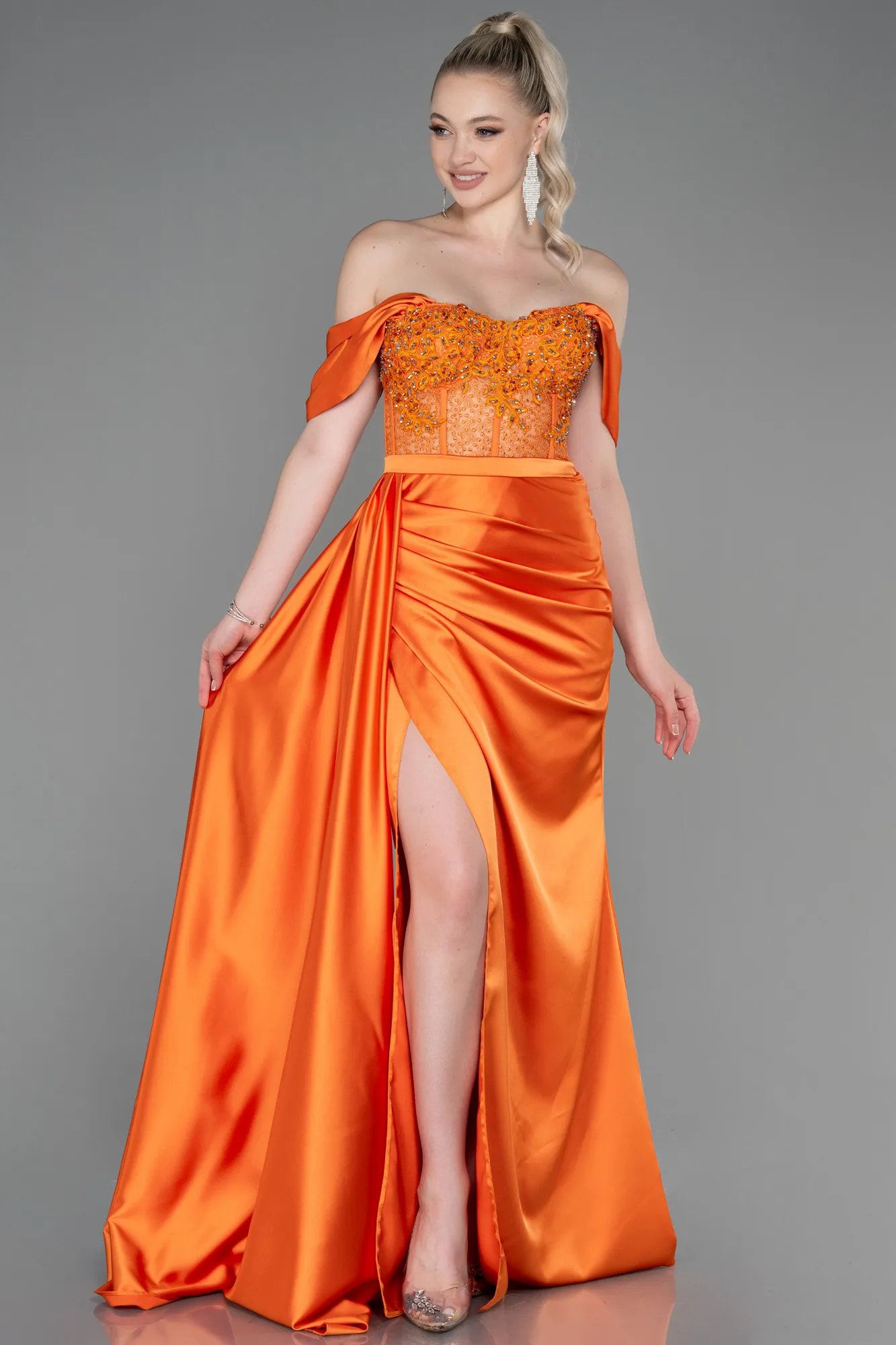 Orange-Long Satin Evening Dress ABU3446