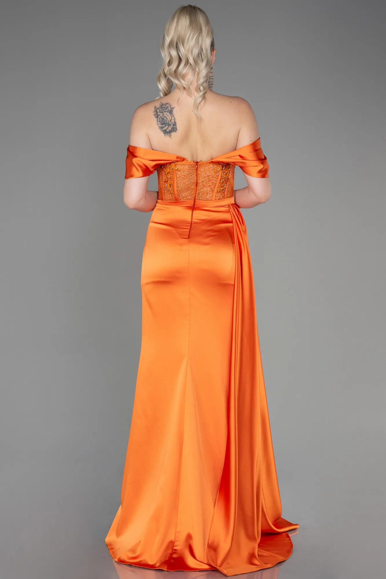 Orange-Long Satin Evening Dress ABU3446