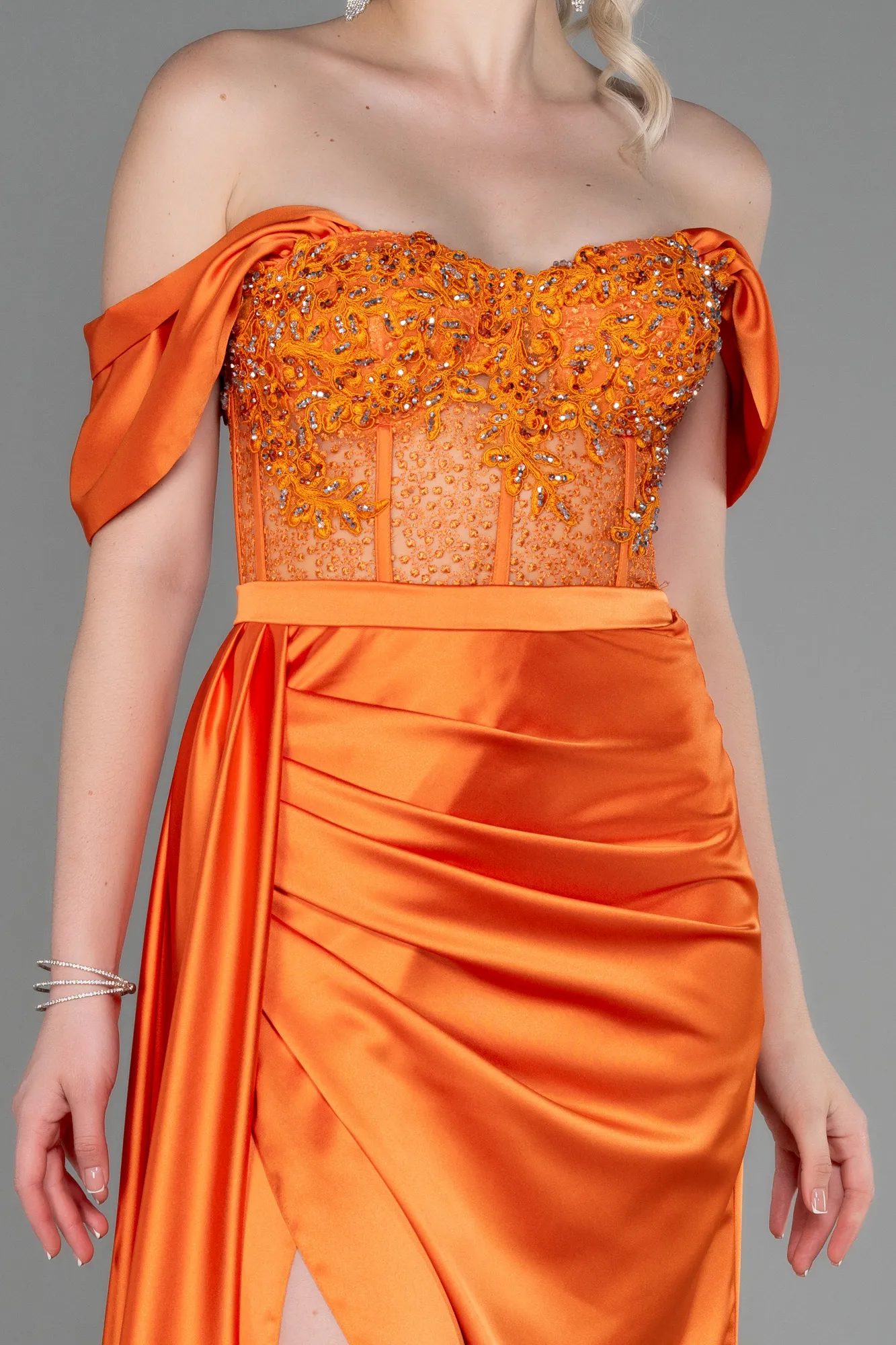 Orange-Long Satin Evening Dress ABU3446