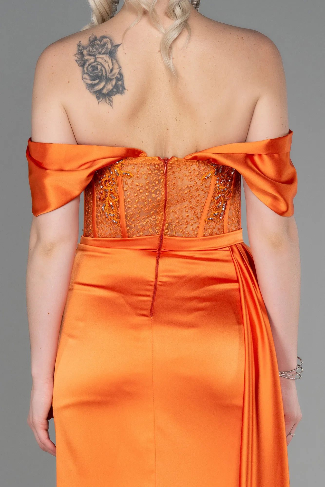 Orange-Long Satin Evening Dress ABU3446