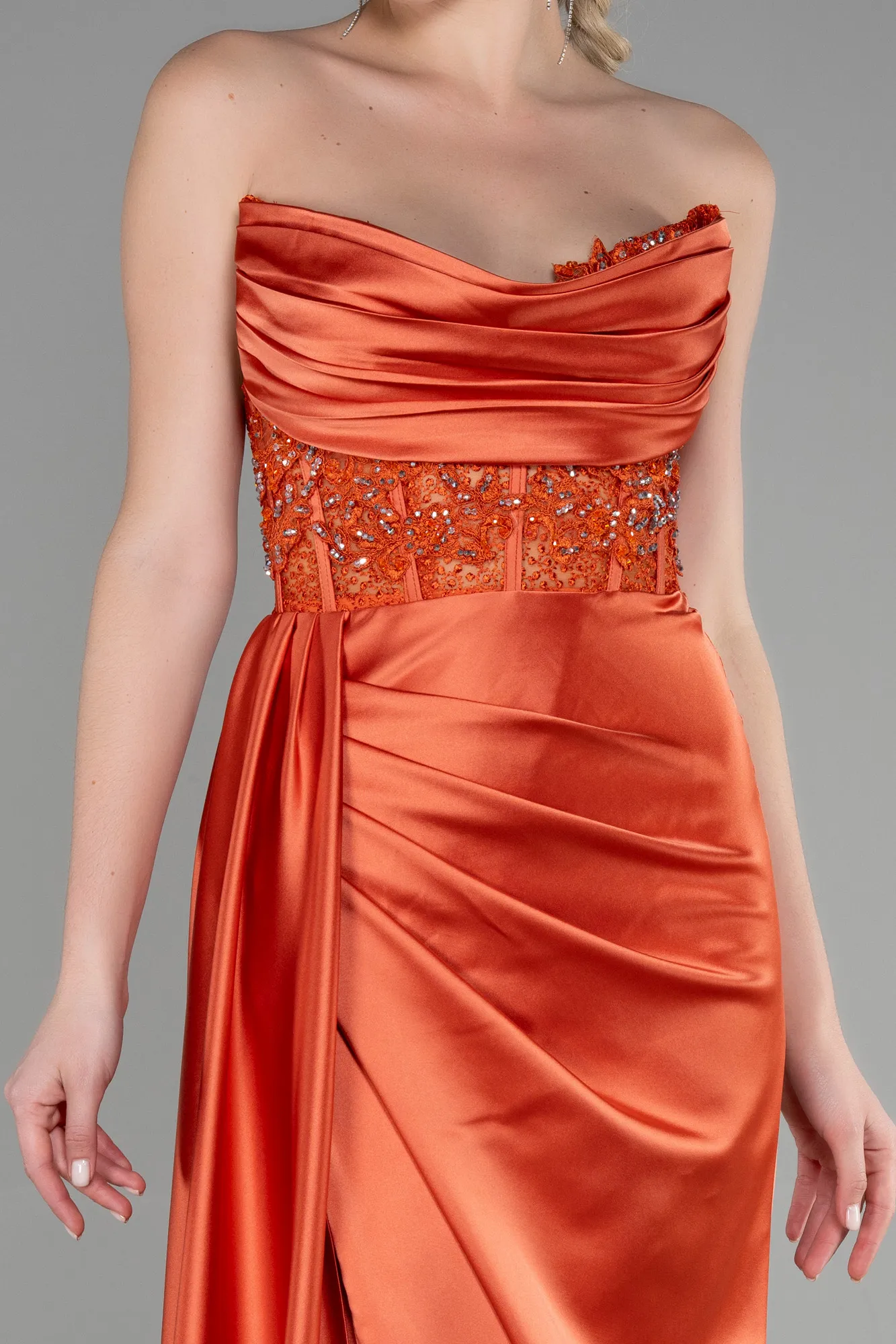 Orange-Long Satin Evening Dress ABU3447