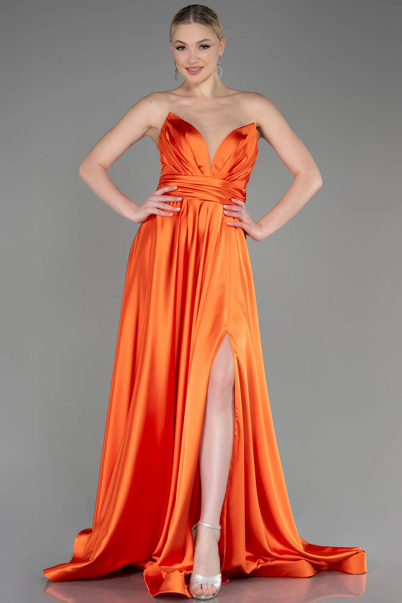 Orange-Long Satin Evening Dress ABU3502