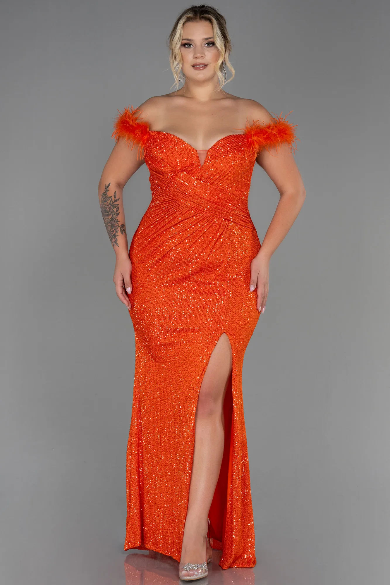 Orange-Long Scaly Plus Size Evening Dress ABU3193