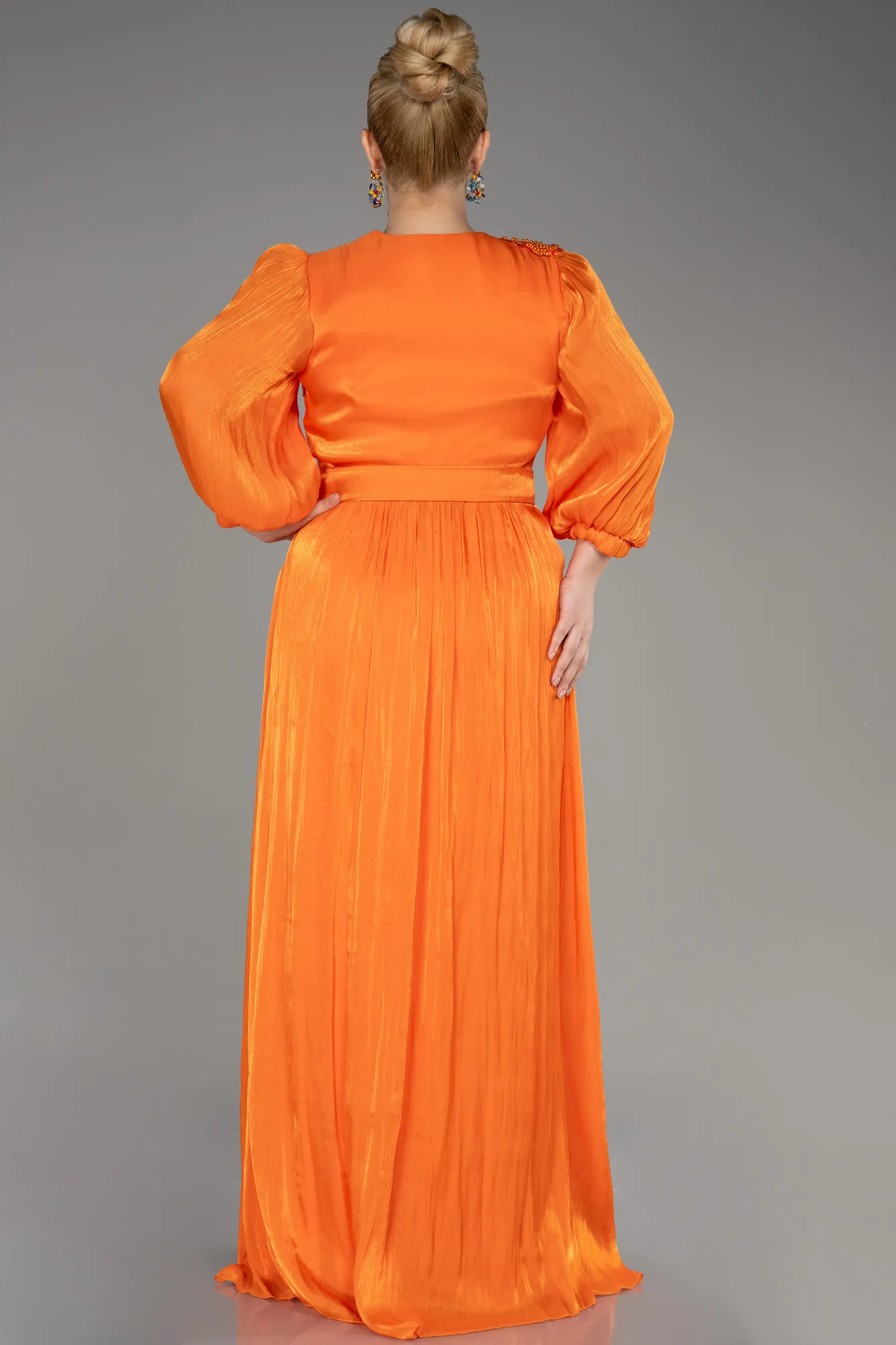 Orange-Long Sleeve Belted Chiffon Plus Size Evening Dress ABU3871