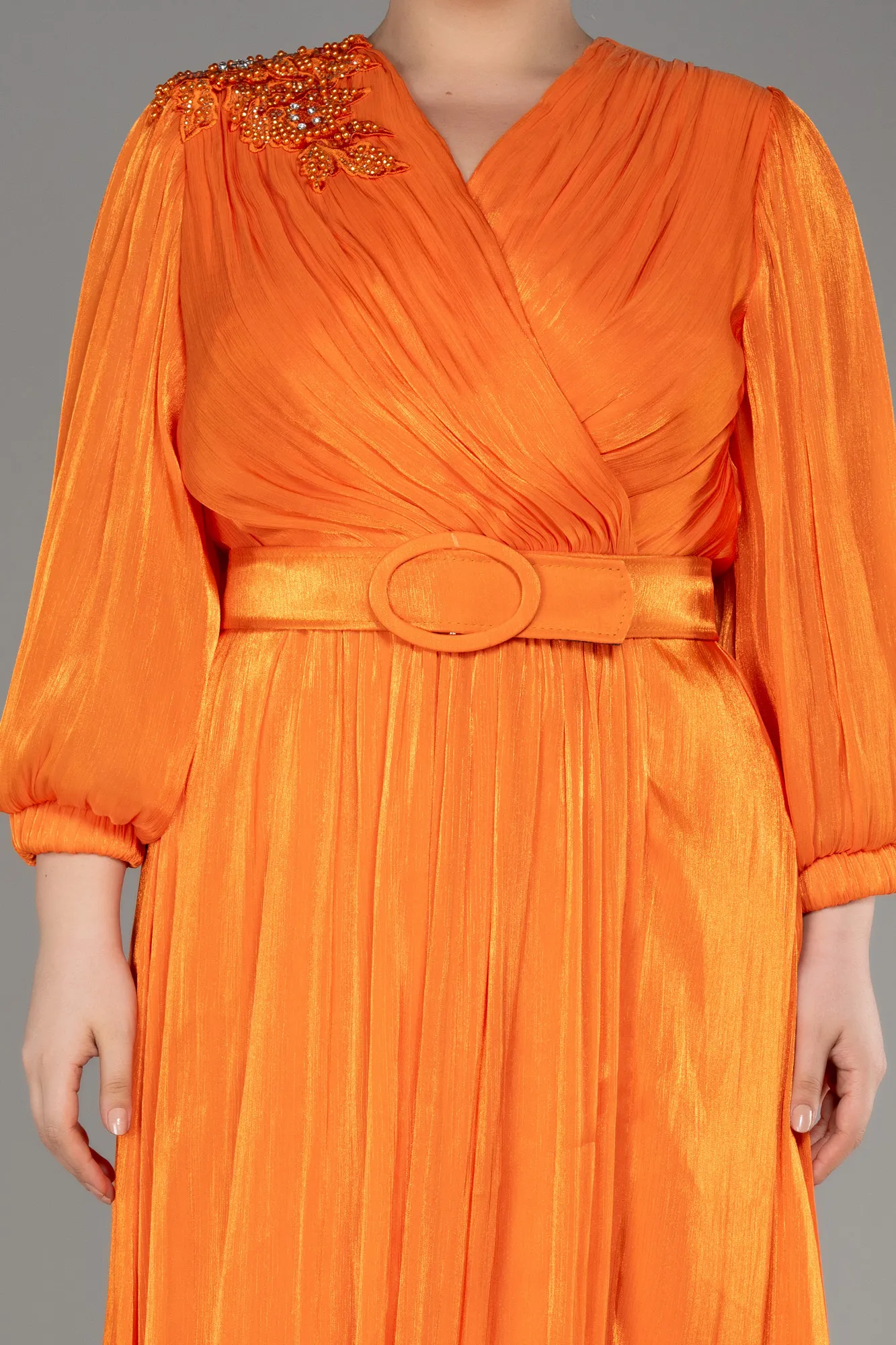 Orange-Long Sleeve Belted Chiffon Plus Size Evening Dress ABU3871