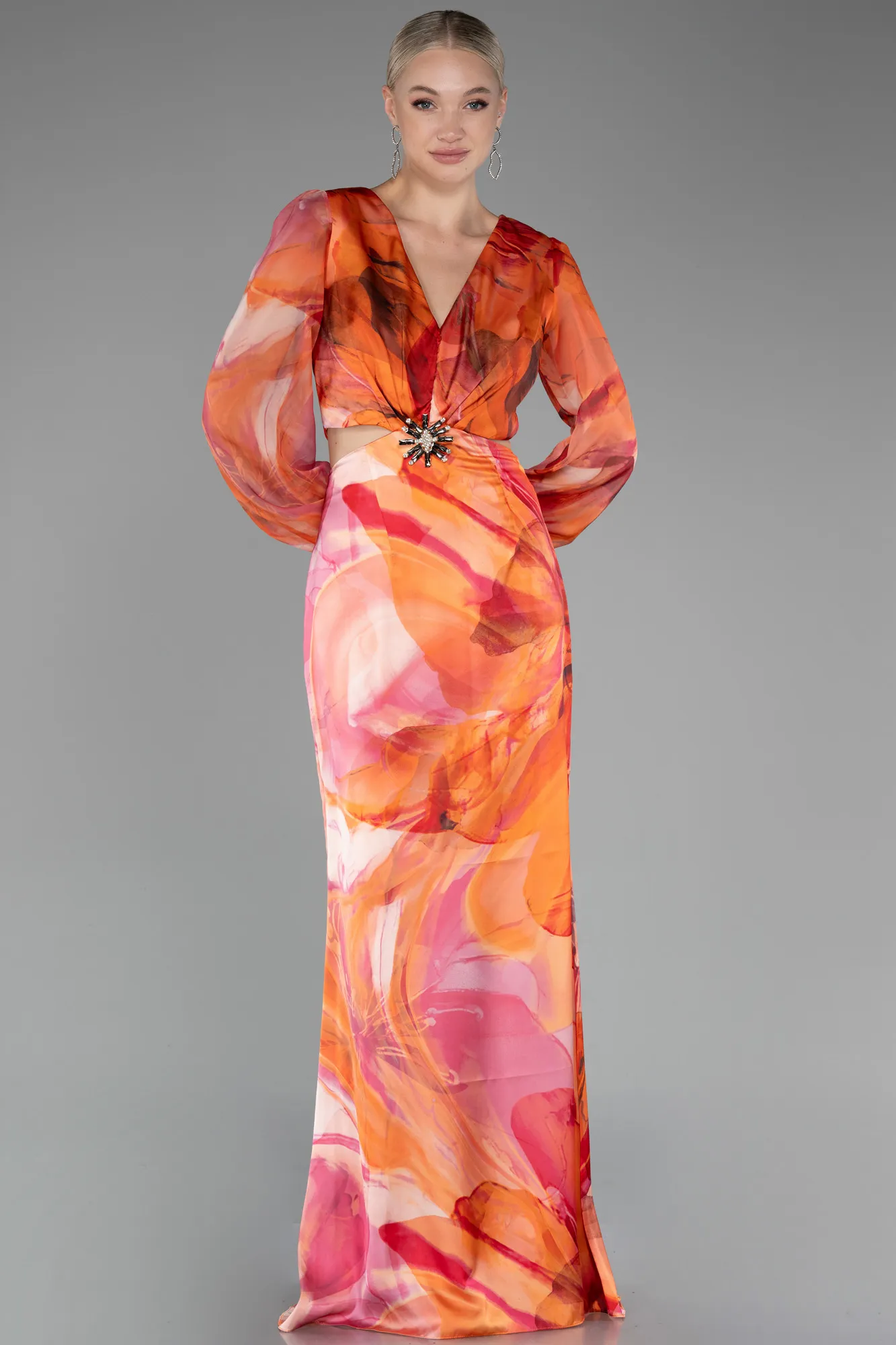 Orange-Long Sleeve Cut Out Patterned Satin Evening Dress ABU4067