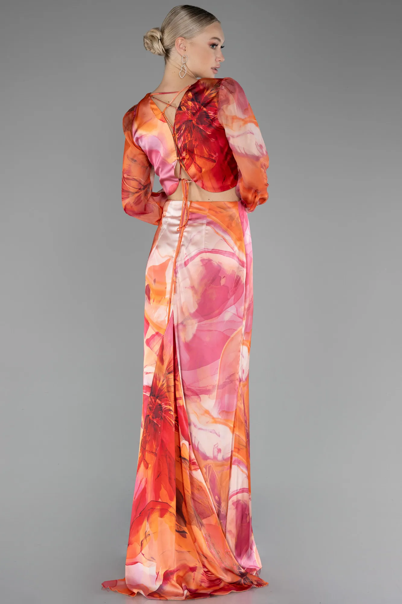 Orange-Long Sleeve Cut Out Patterned Satin Evening Dress ABU4067