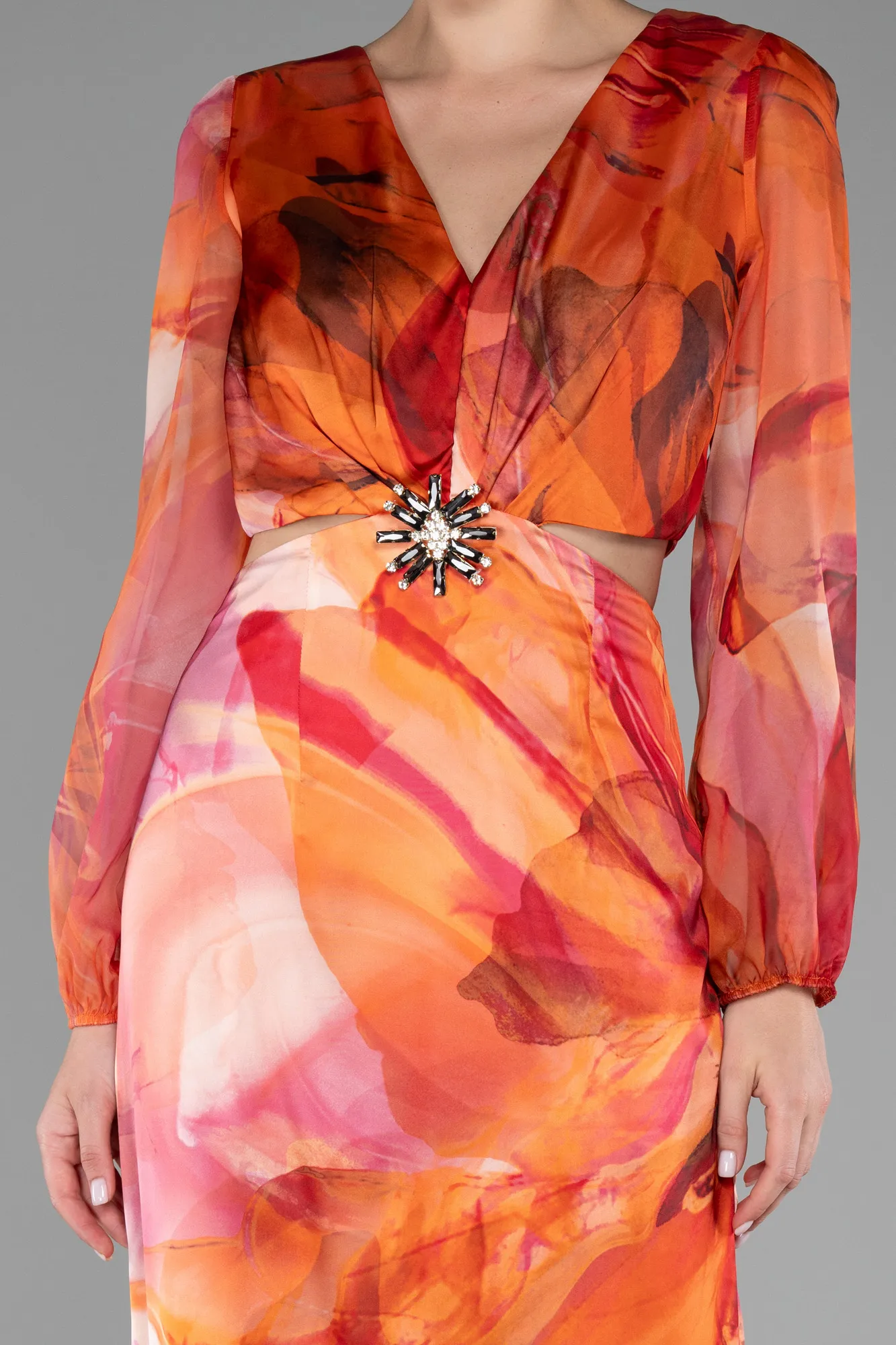 Orange-Long Sleeve Cut Out Patterned Satin Evening Dress ABU4067