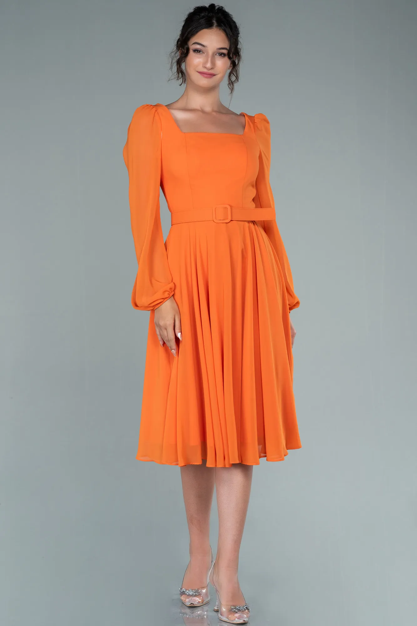 Orange-Midi Chiffon Invitation Dress ABK1441