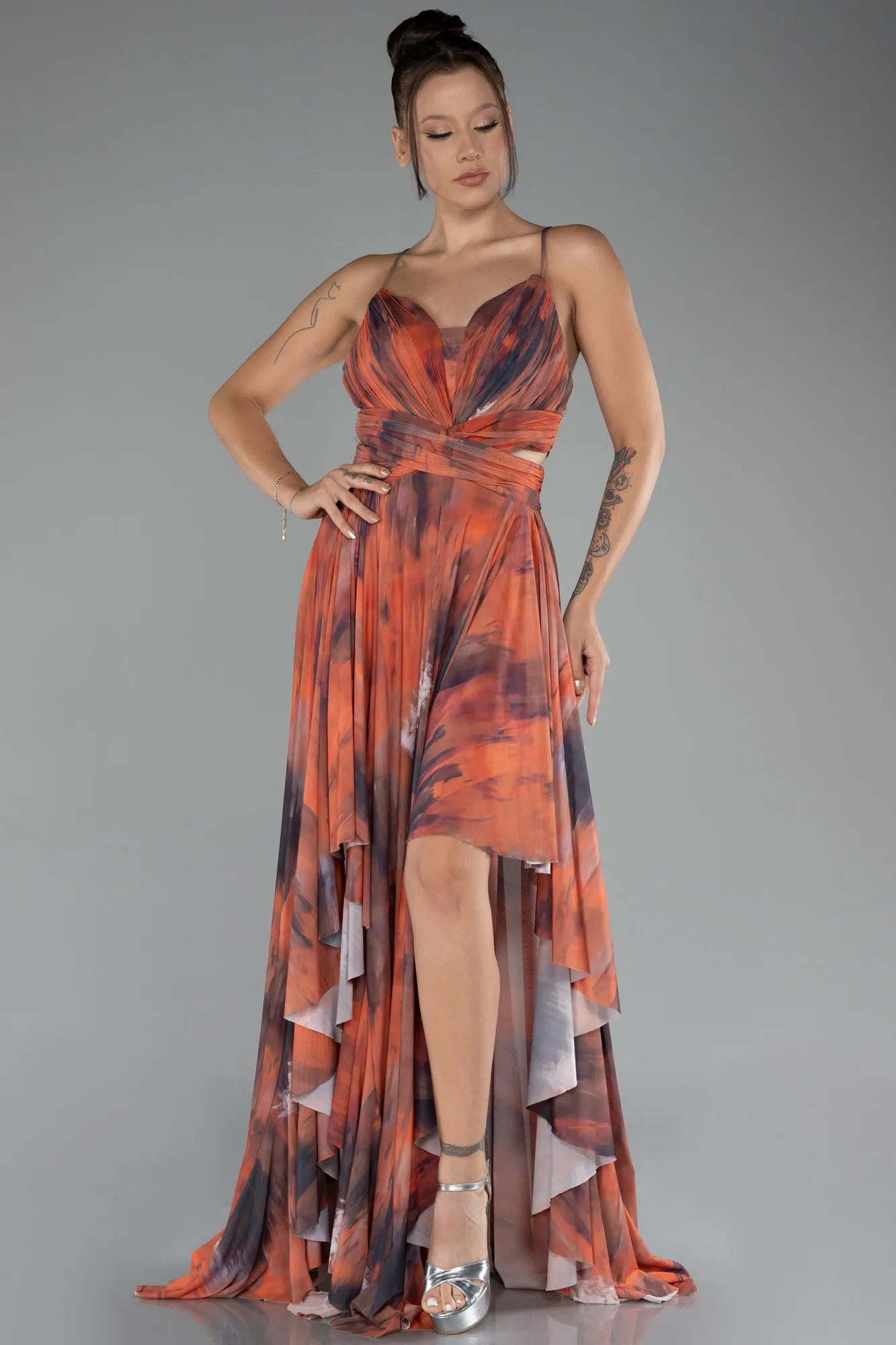 Orange-Slit Long Printed Prom Dress ABU4168