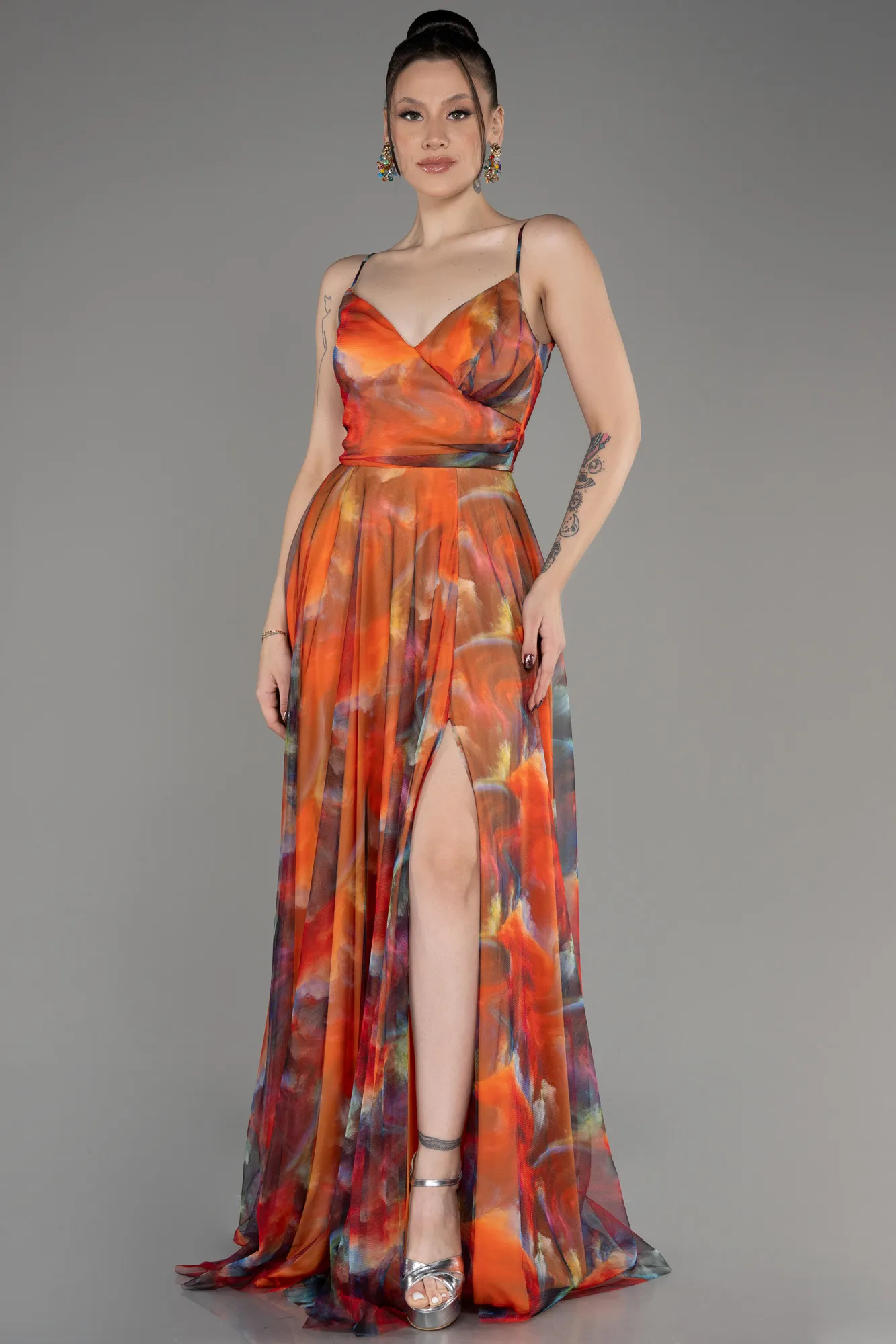 Orange-Slit Long Printed Prom Dress ABU4359