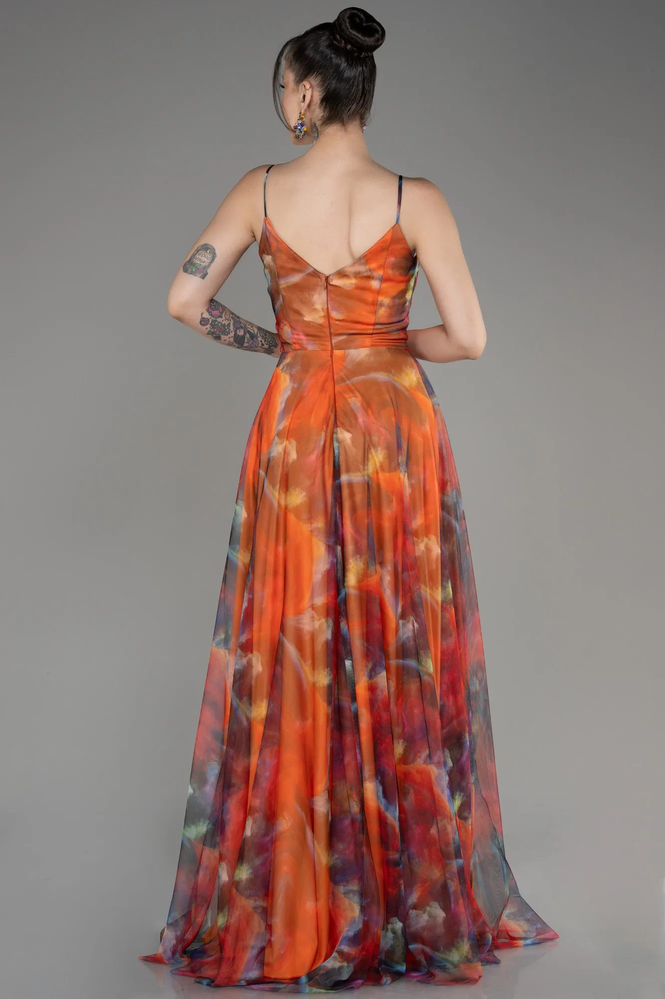 Orange-Slit Long Printed Prom Dress ABU4359