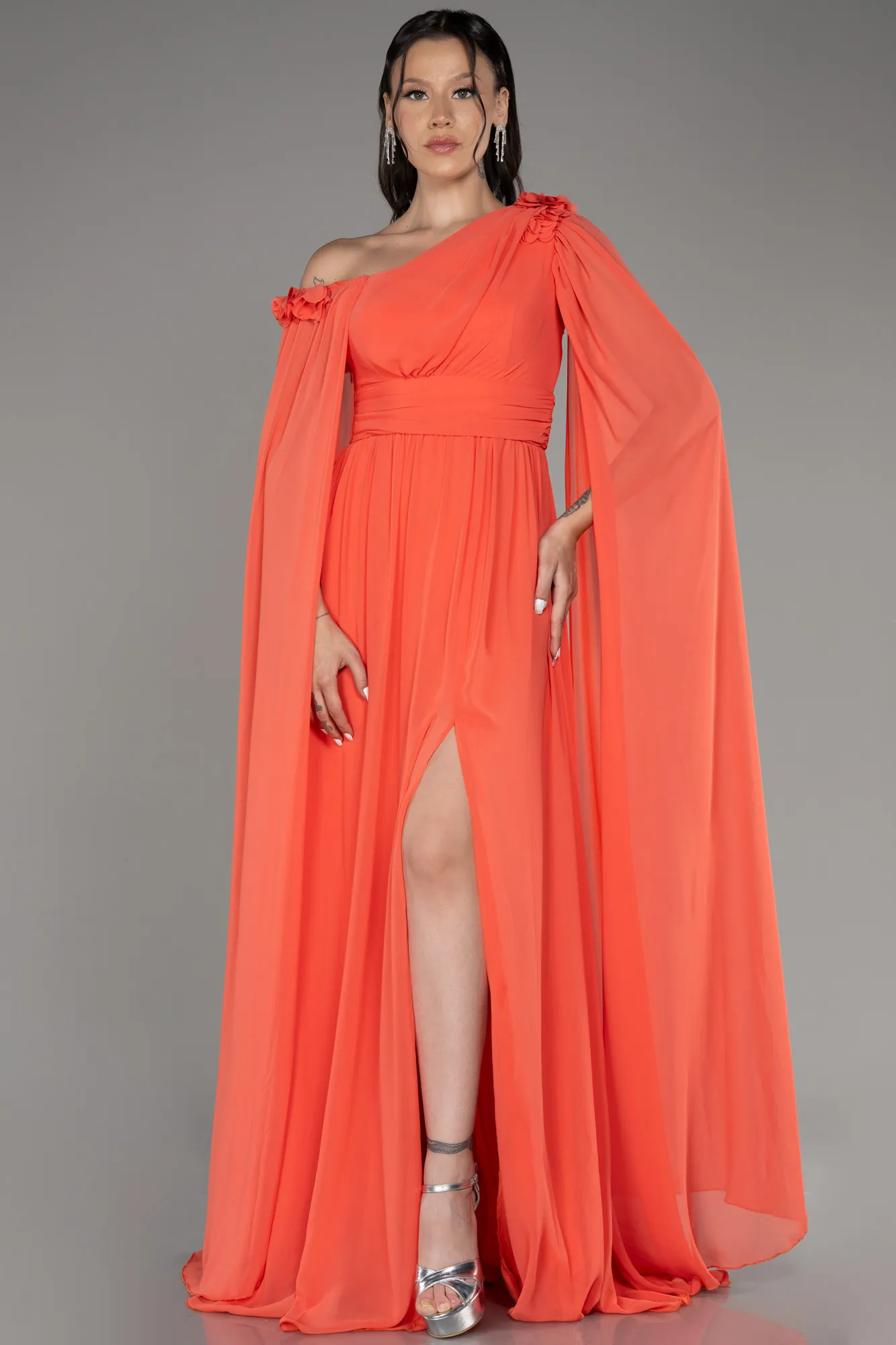 Orange-Slit Shawl Long Chiffon Evening Dress ABU4001