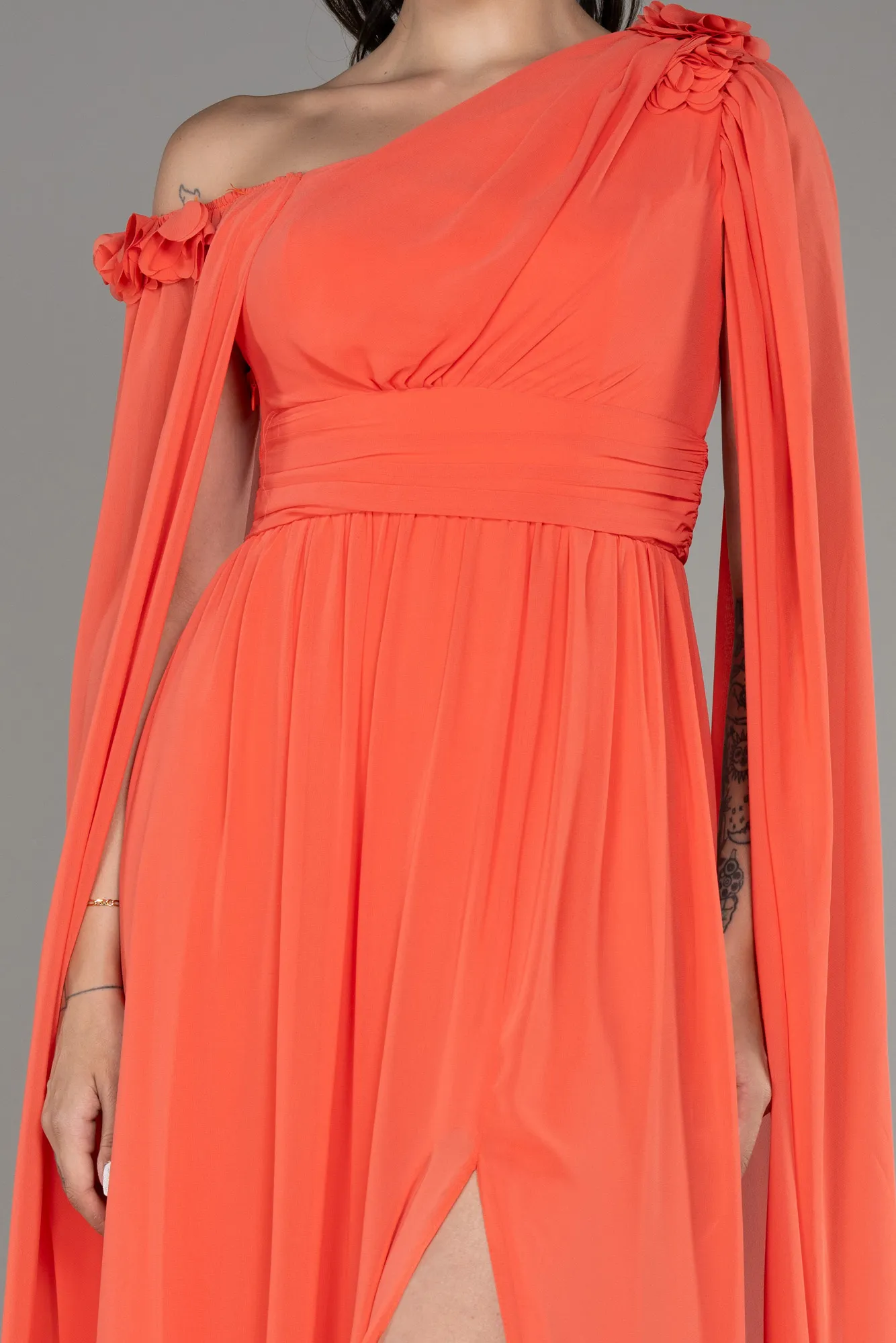 Orange-Slit Shawl Long Chiffon Evening Dress ABU4001