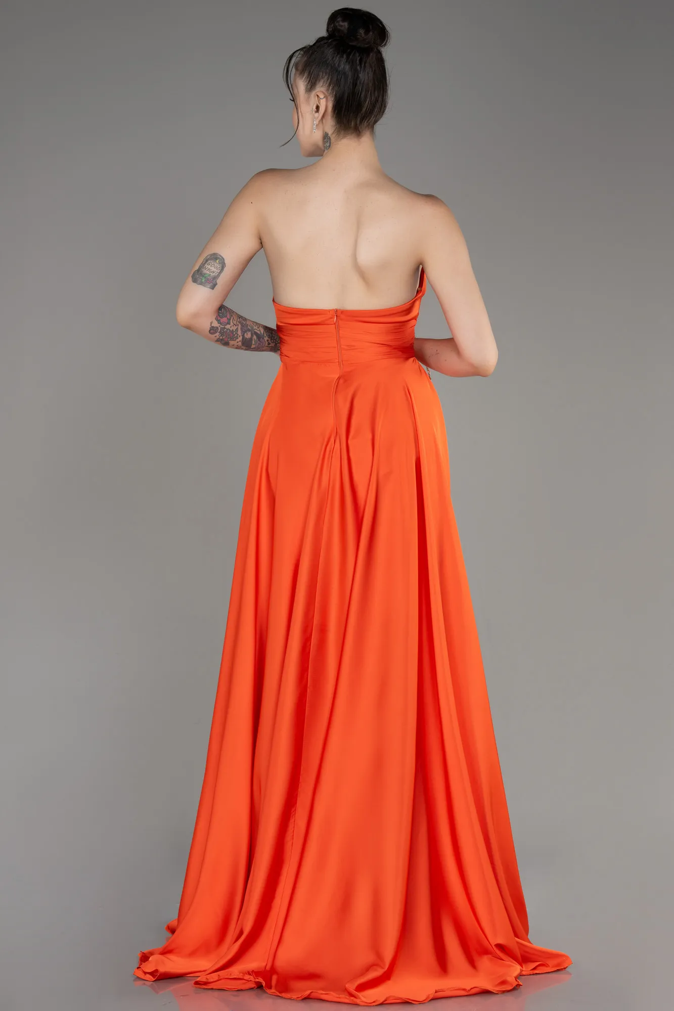 Orange-Strapless Long Satin Prom Dress ABU3965