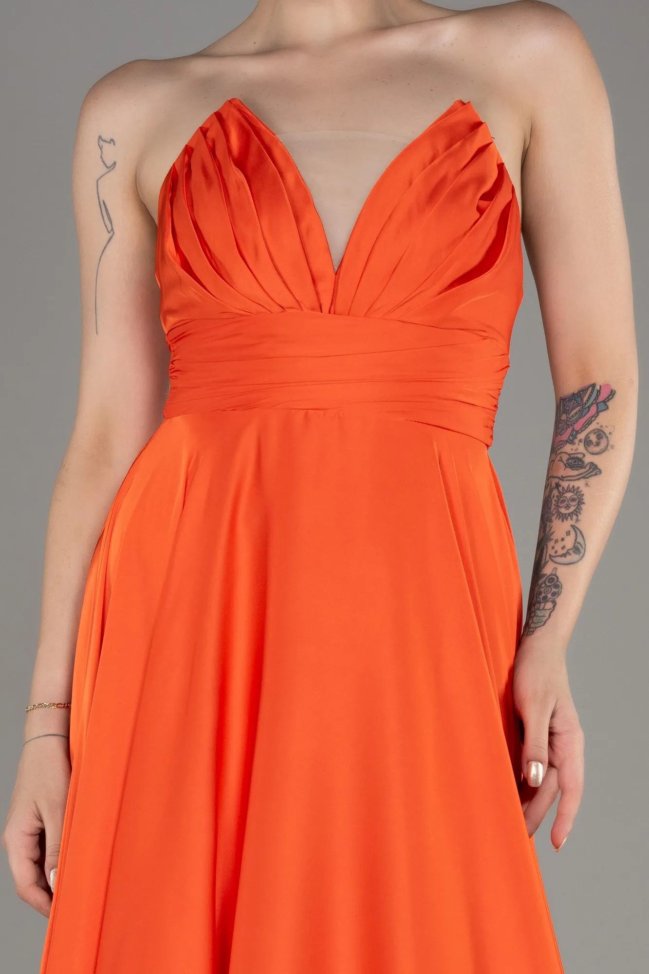 Orange-Strapless Long Satin Prom Dress ABU3965