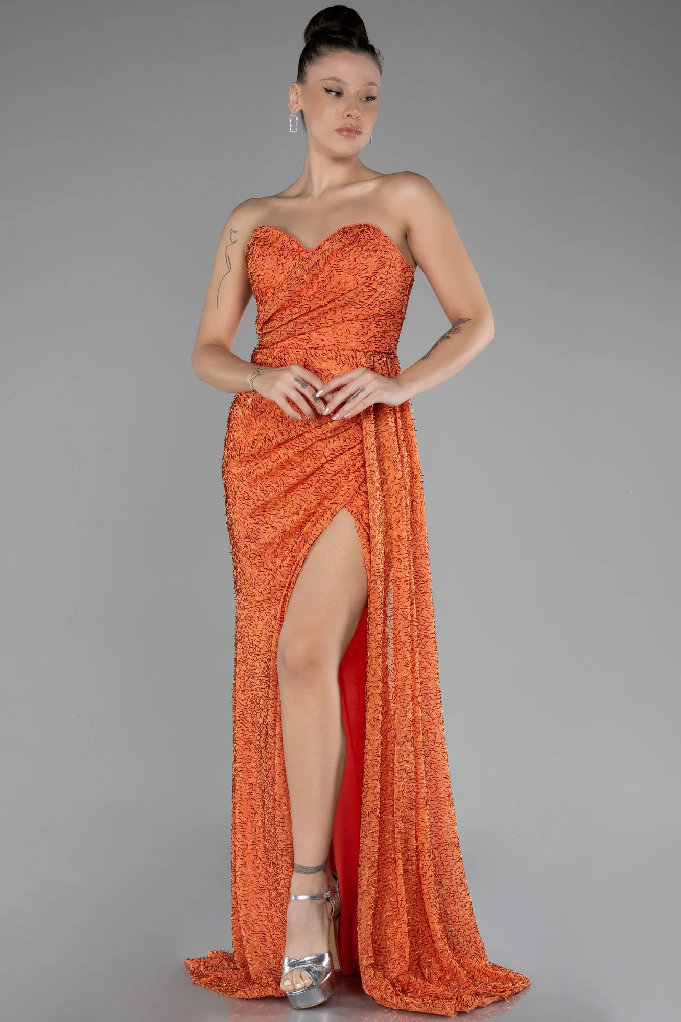 Orange-Strapless Slit Beaded Long Evening Gown ABU4114