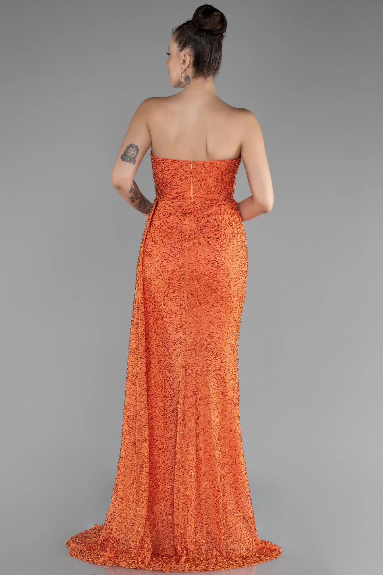 Orange-Strapless Slit Beaded Long Evening Gown ABU4114