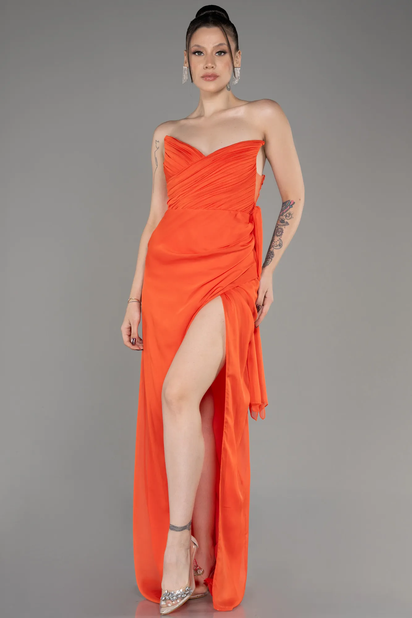 Orange-Strapless Slit Long Chiffon Evening Dress ABU3947