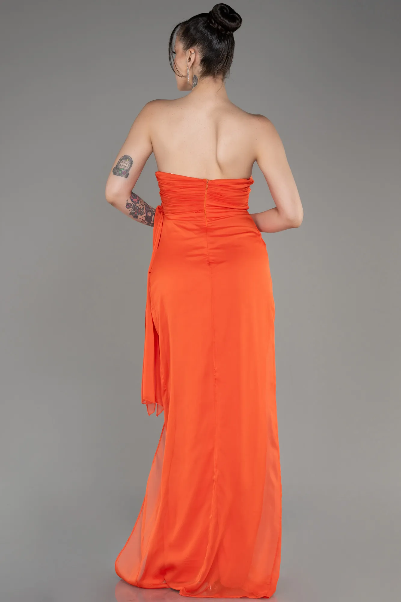 Orange-Strapless Slit Long Chiffon Evening Dress ABU3947