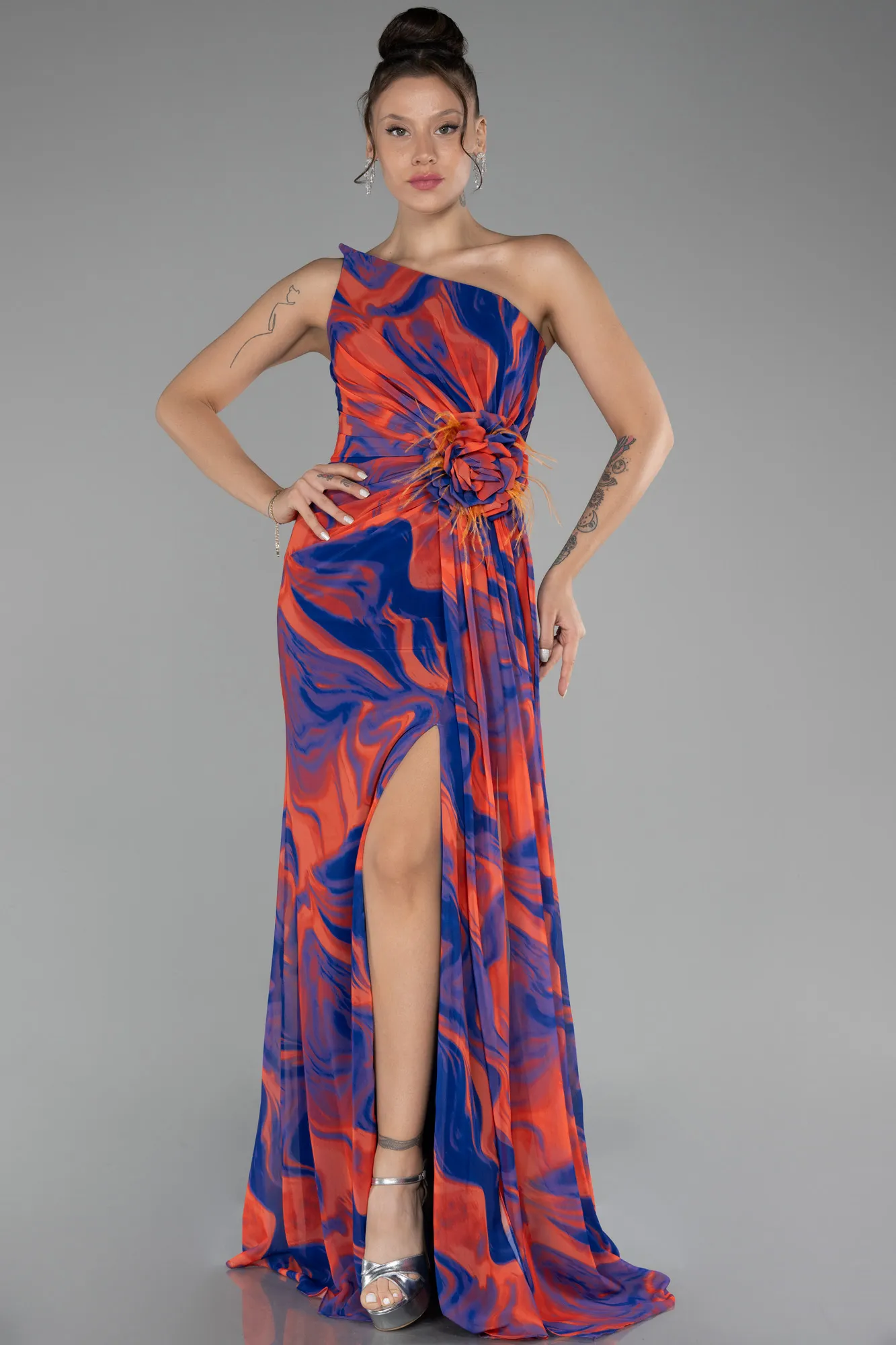 Orange-Strapless Slit Long Patterned Prom Gown ABU4590