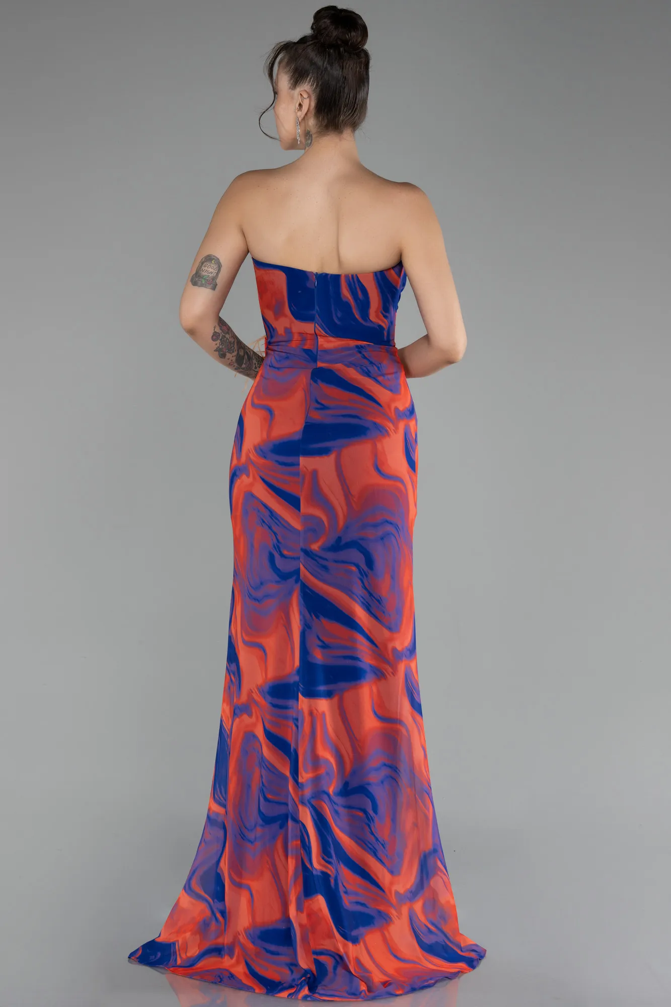 Orange-Strapless Slit Long Patterned Prom Gown ABU4590