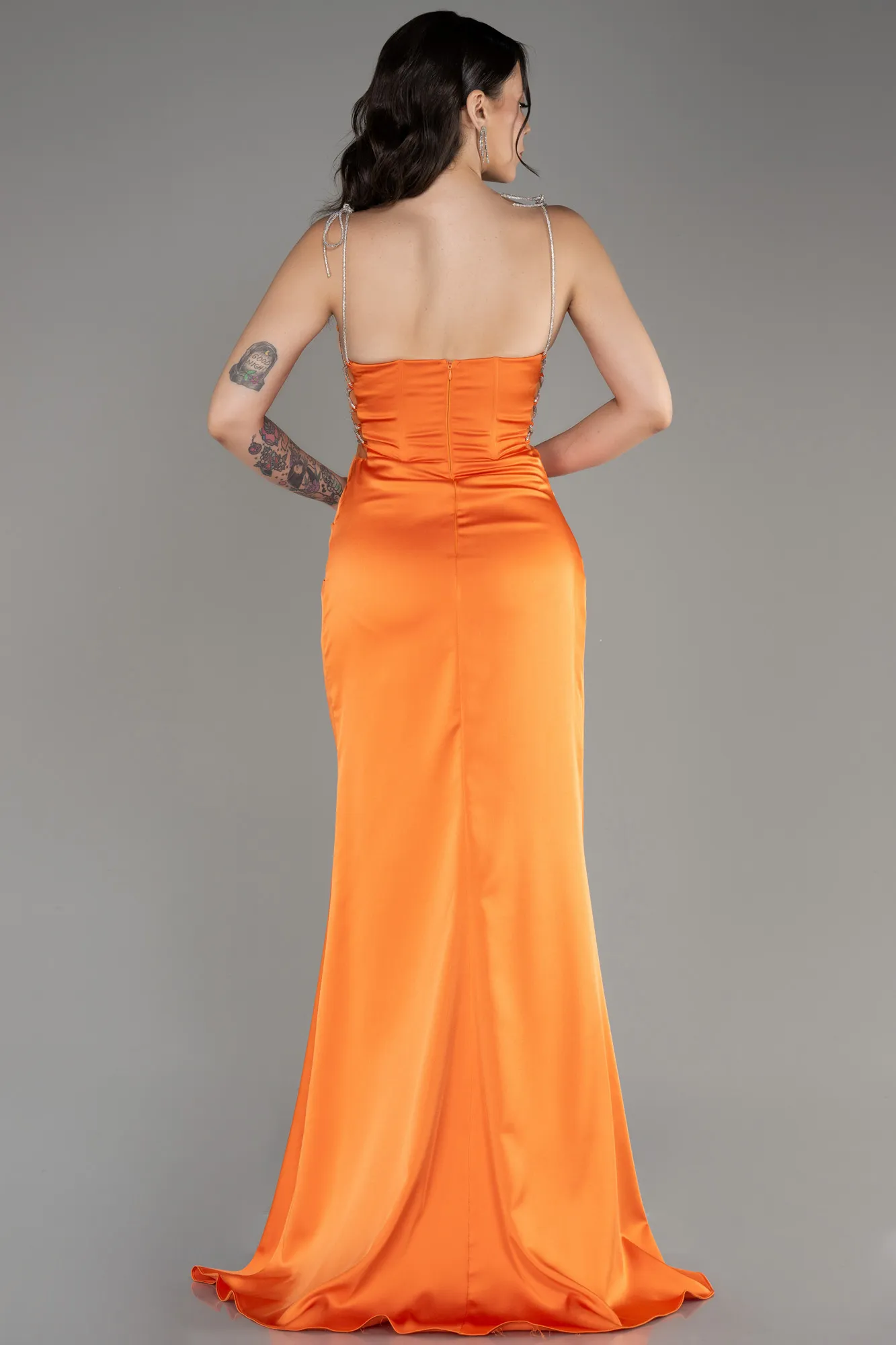 Orange-Strapless Slit Long Satin Evening Dress ABU3866