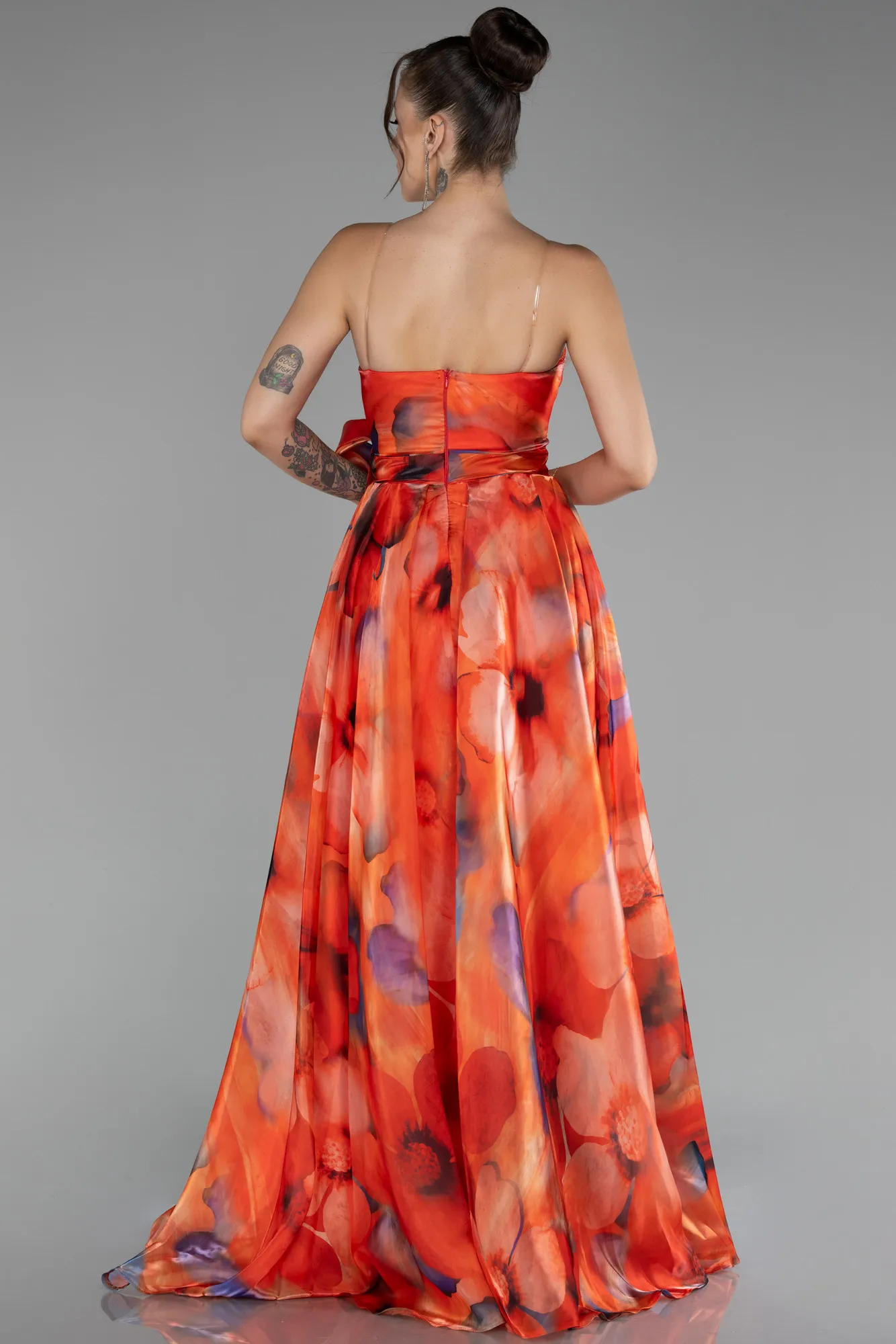 Orange-Strapless Slit Long Satin Printed Prom Gown ABU4157