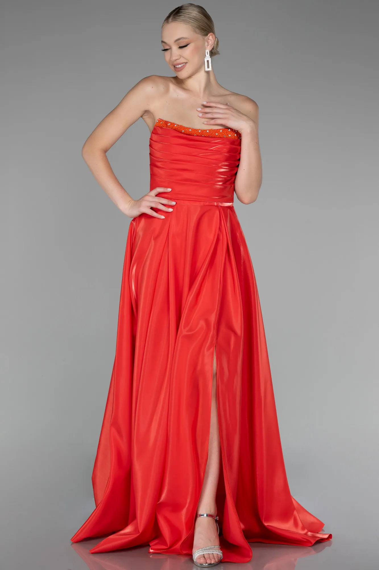 Orange-Strapless Slit Long Stin Prom Dress ABU4013