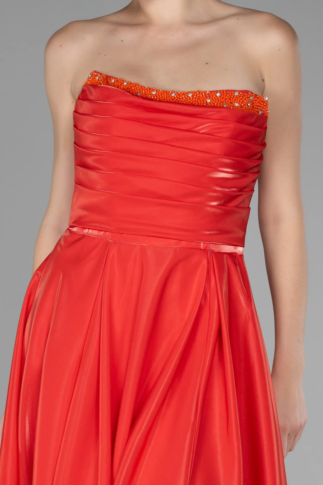 Orange-Strapless Slit Long Stin Prom Dress ABU4013