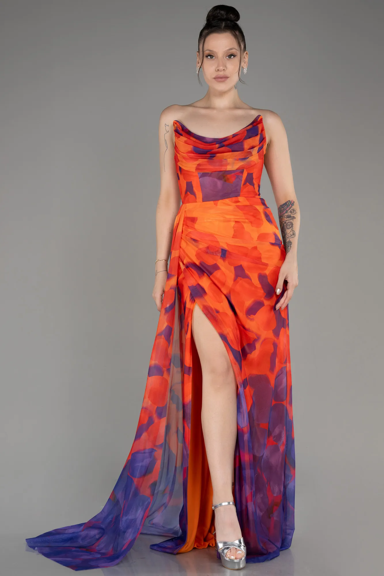 Orange-Strapless Slit Print Prom Dress ABU4360