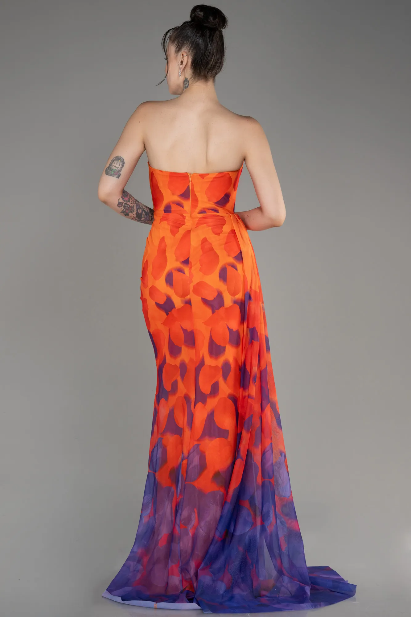 Orange-Strapless Slit Print Prom Dress ABU4360