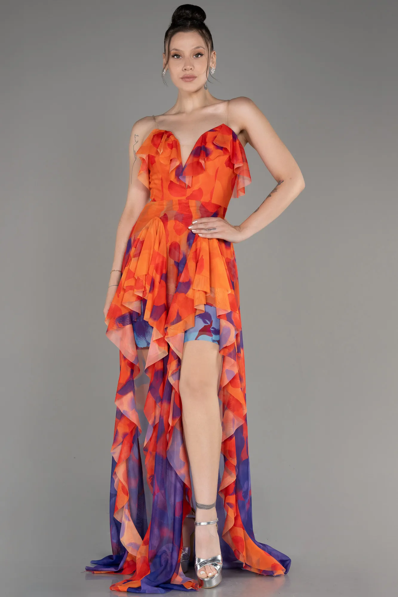 Orange-Strapless Slit Printed Long Prom Dress ABU3975