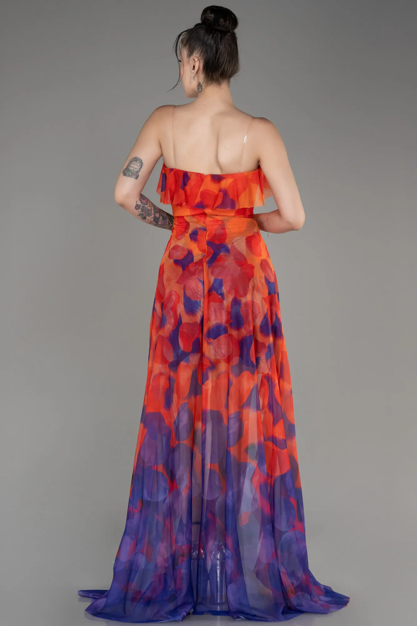 Orange-Strapless Slit Printed Long Prom Dress ABU3975