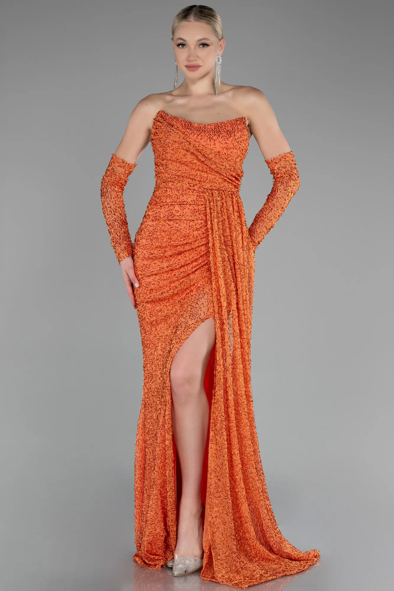 Orange-Strapless Stony Long Slit Prom Gown ABU4163