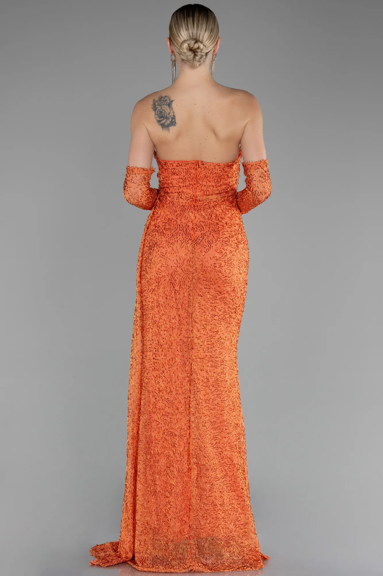 Orange-Strapless Stony Long Slit Prom Gown ABU4163