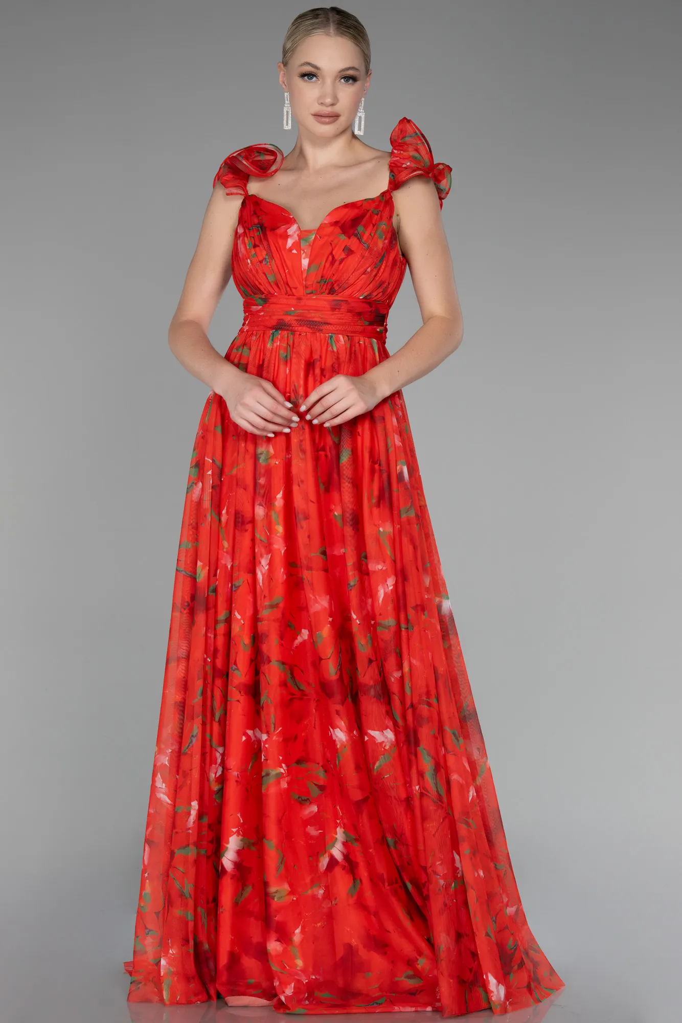 Orange-Strappy Floral Long Prom Dress ABU4134