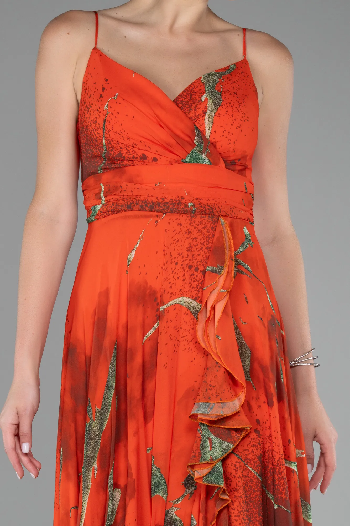 Orange-Strappy V Neck Slit Long Patterned Prom Dress ABU4070