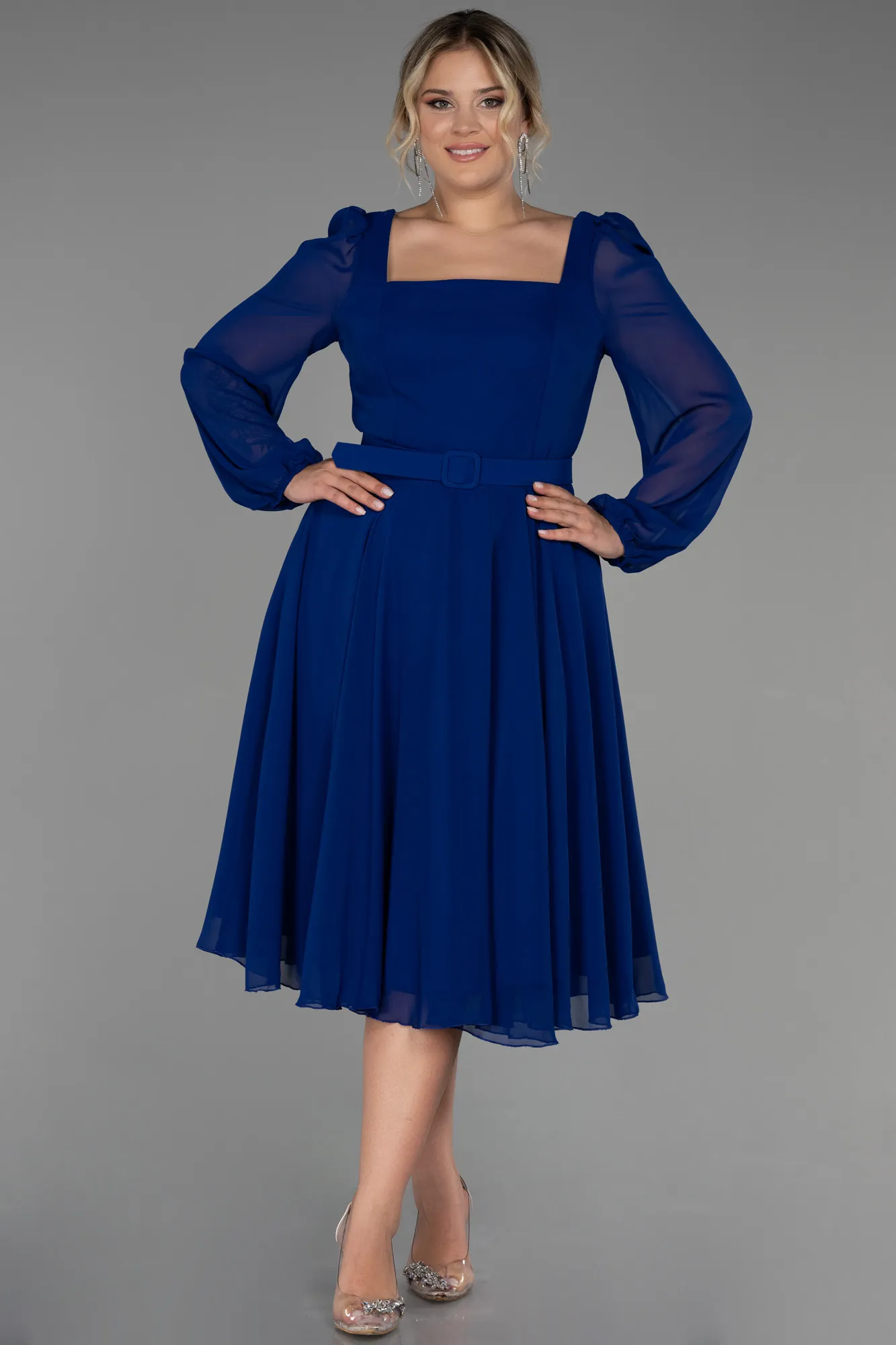 Parlement Blue-Midi Chiffon Plus Size Evening Dress ABK1753