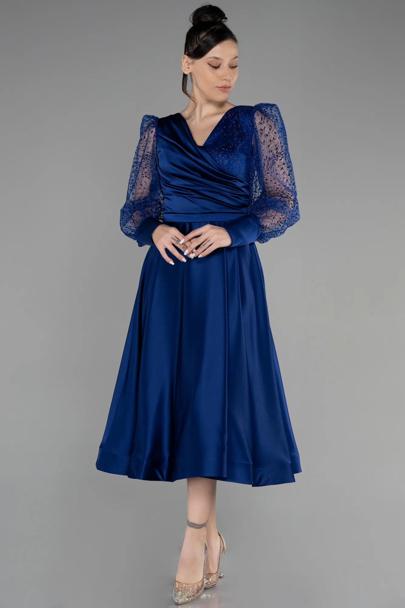 Parlement Blue-Midi Satin Invitation Dress ABK1887