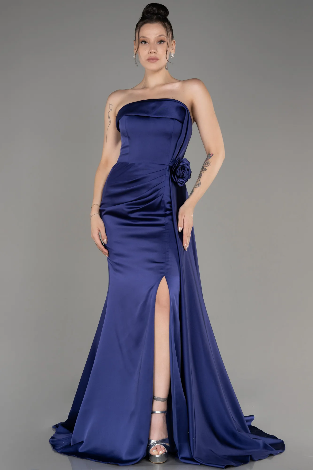 Parlement Blue-Strapless Slit Long Satin Prom Dress ABU3980