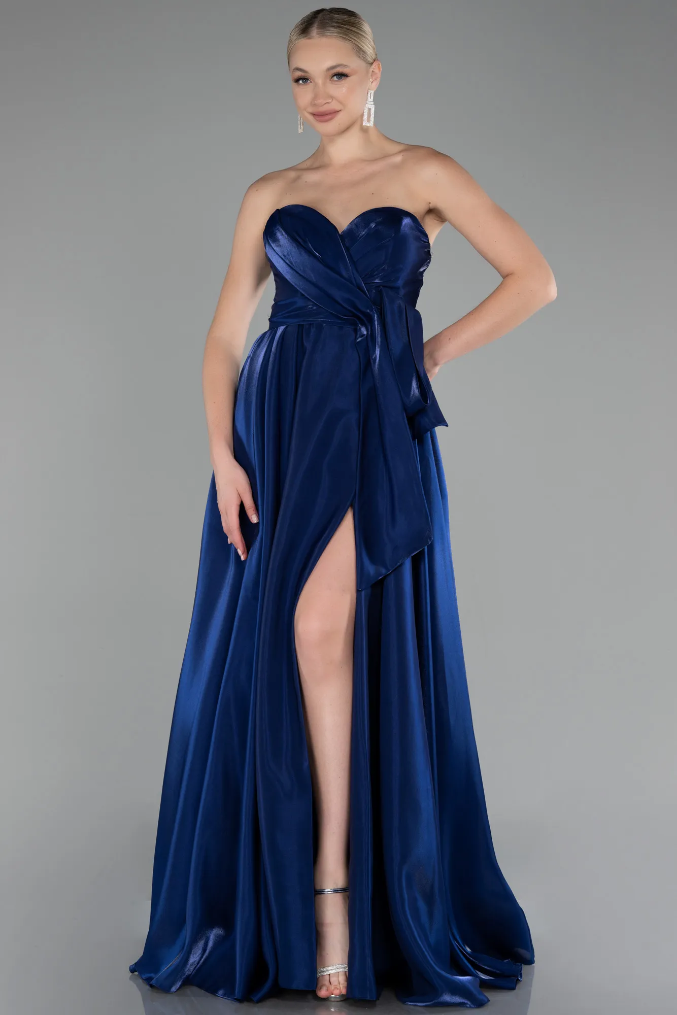 Parlement Blue-Strapless Slit Long Satin Prom Gown ABU4187