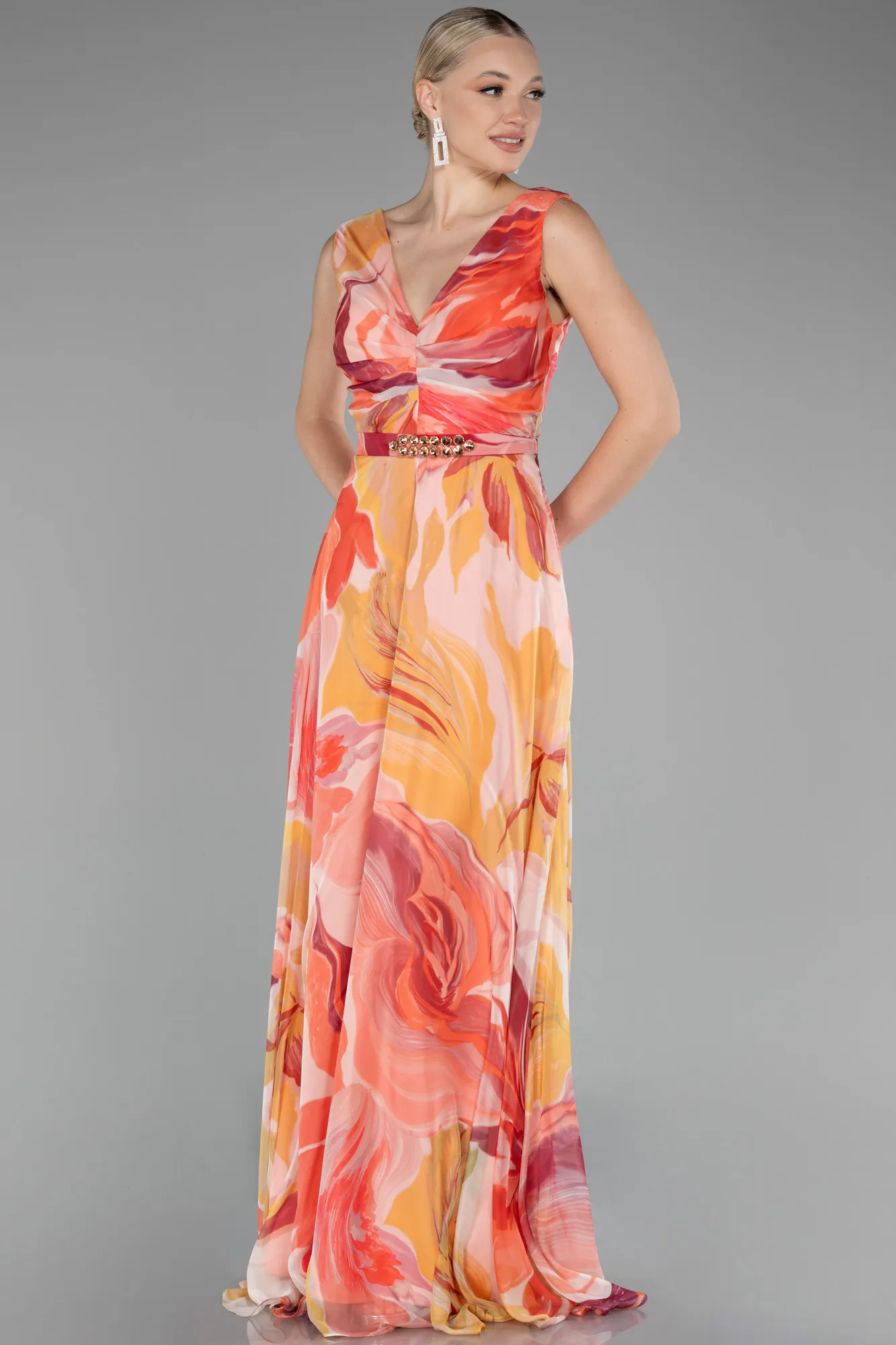 Peach Color-Sleeveless V Neck Long Patterned Chiffon Prom Dress ABU4180