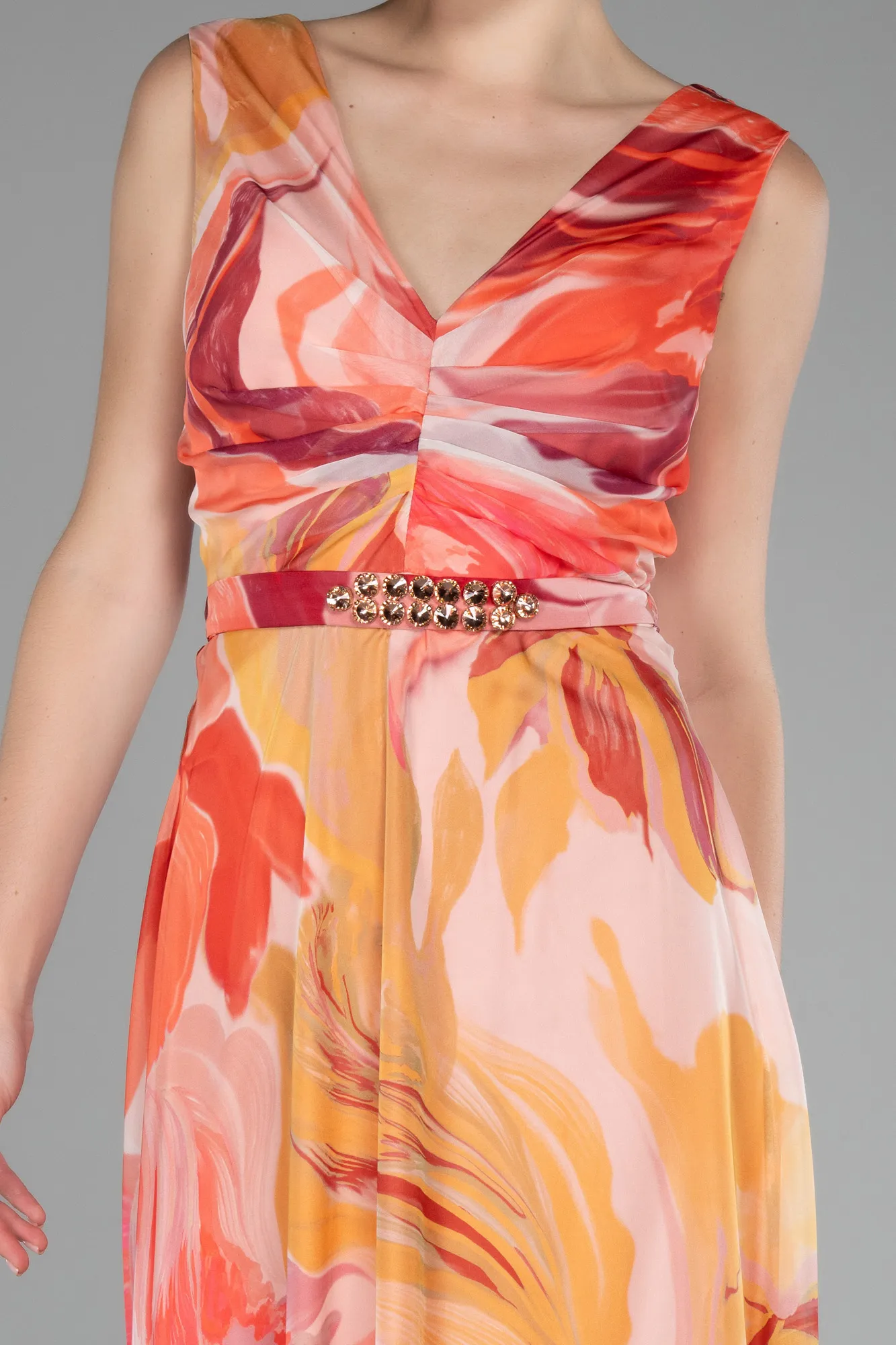 Peach Color-Sleeveless V Neck Long Patterned Chiffon Prom Dress ABU4180