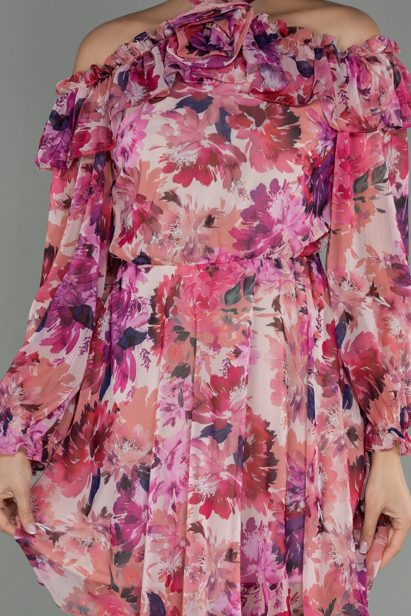 Pink Flowers-Short Chiffon Invitation Dress ABK1693
